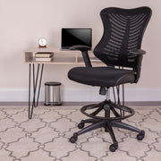 Waylon High Back Designer Black Mesh Drafting Chair with LeatherSoft Sides and Adjustable Arms