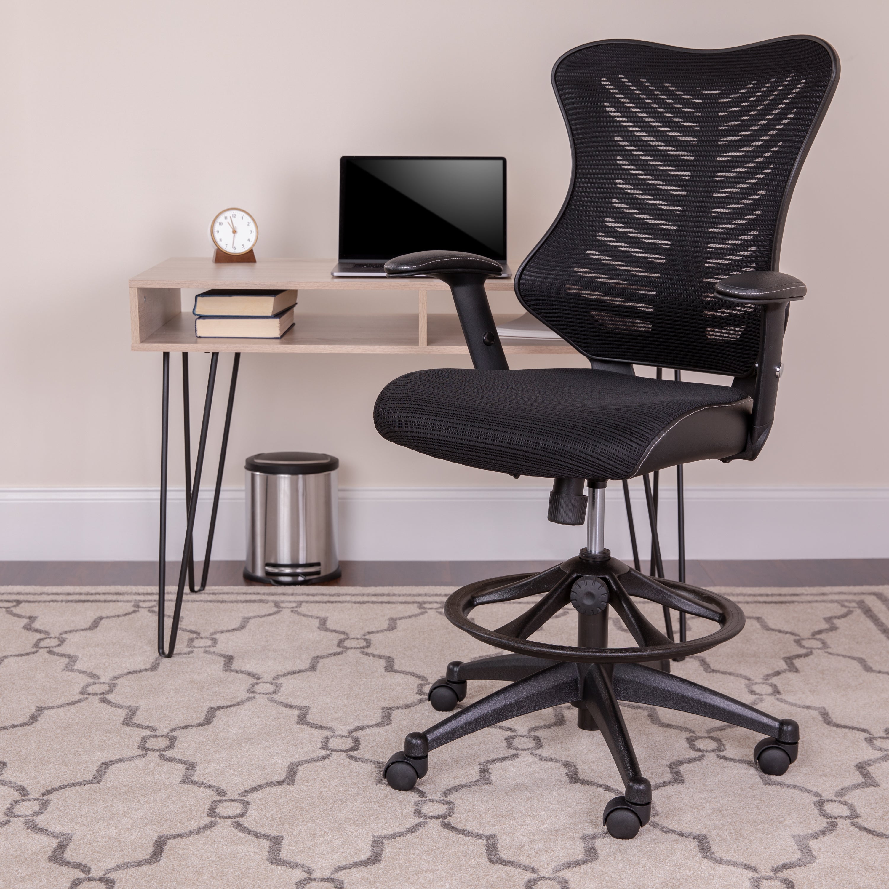 Waylon High Back Designer Black Mesh Drafting Chair with LeatherSoft Sides and Adjustable Arms