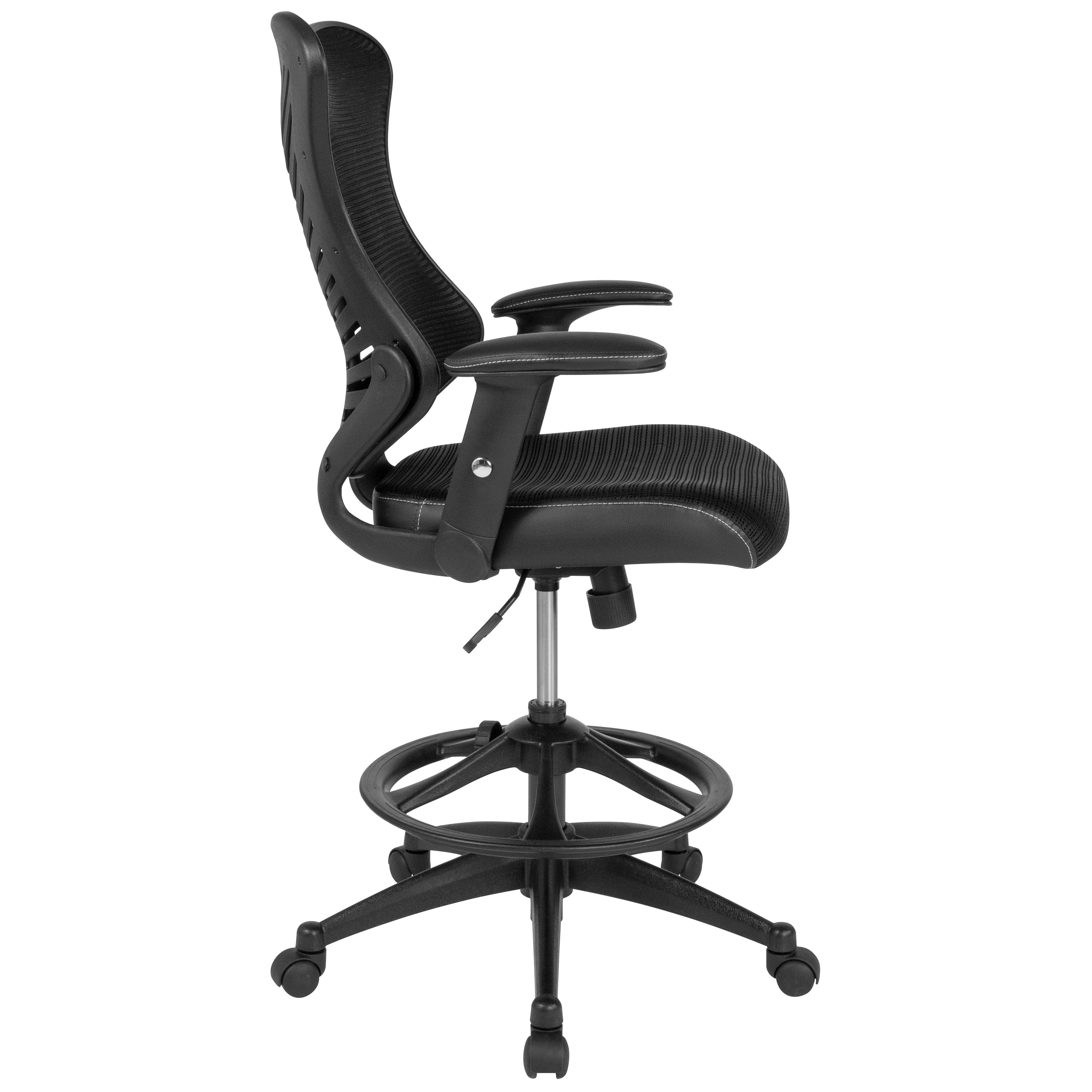 Waylon High Back Designer Black Mesh Drafting Chair with LeatherSoft Sides and Adjustable Arms