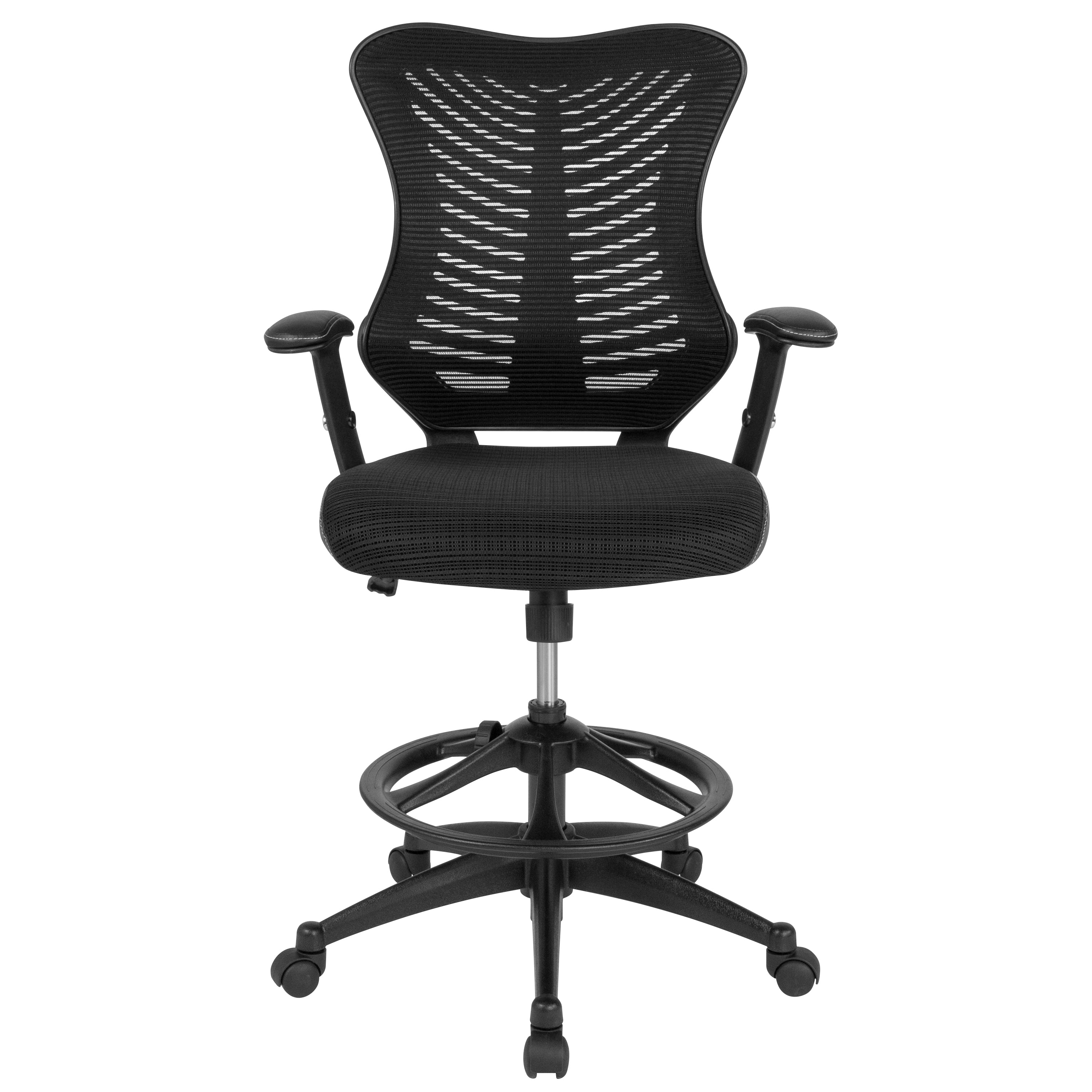 Waylon High Back Designer Black Mesh Drafting Chair with LeatherSoft Sides and Adjustable Arms