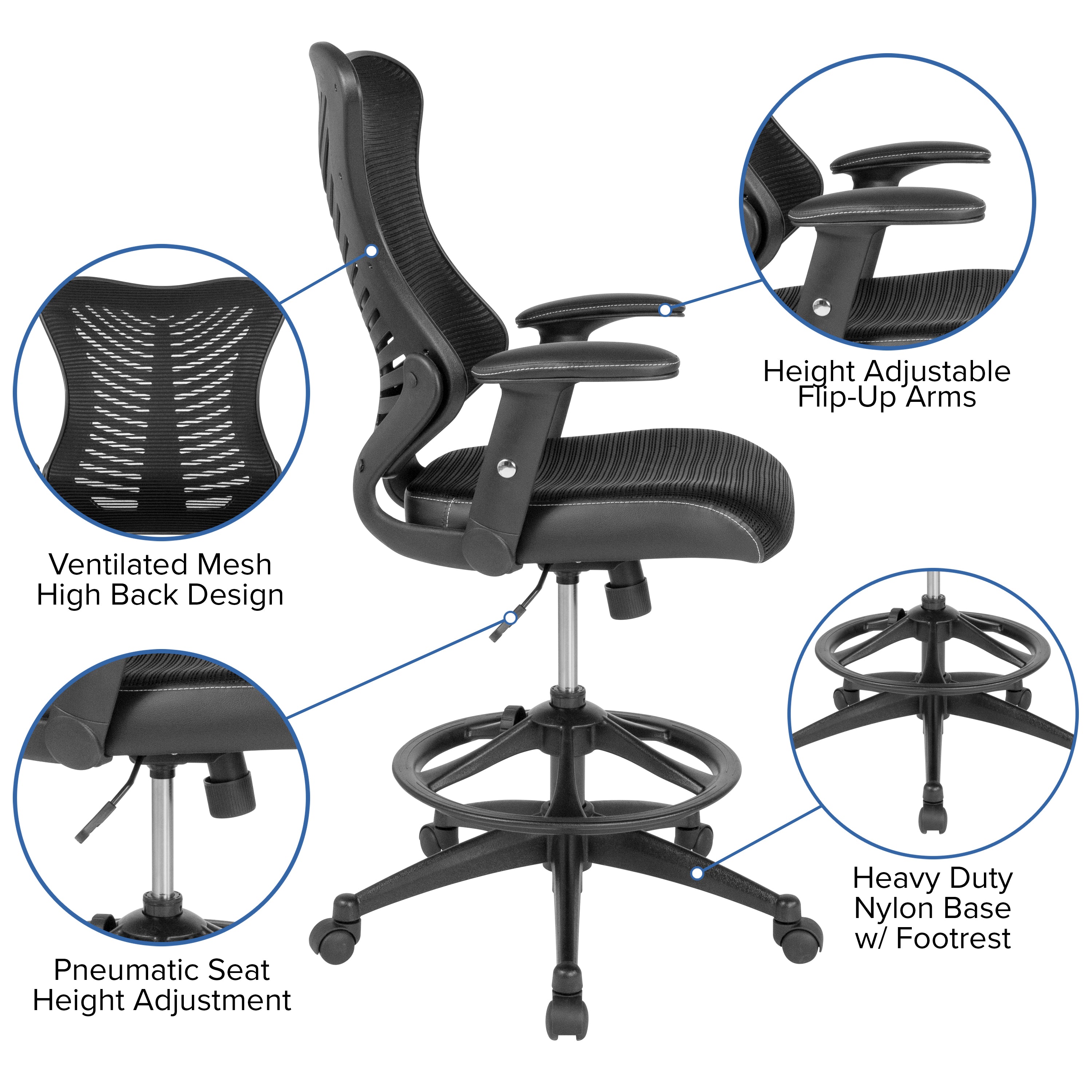 Waylon High Back Designer Black Mesh Drafting Chair with LeatherSoft Sides and Adjustable Arms
