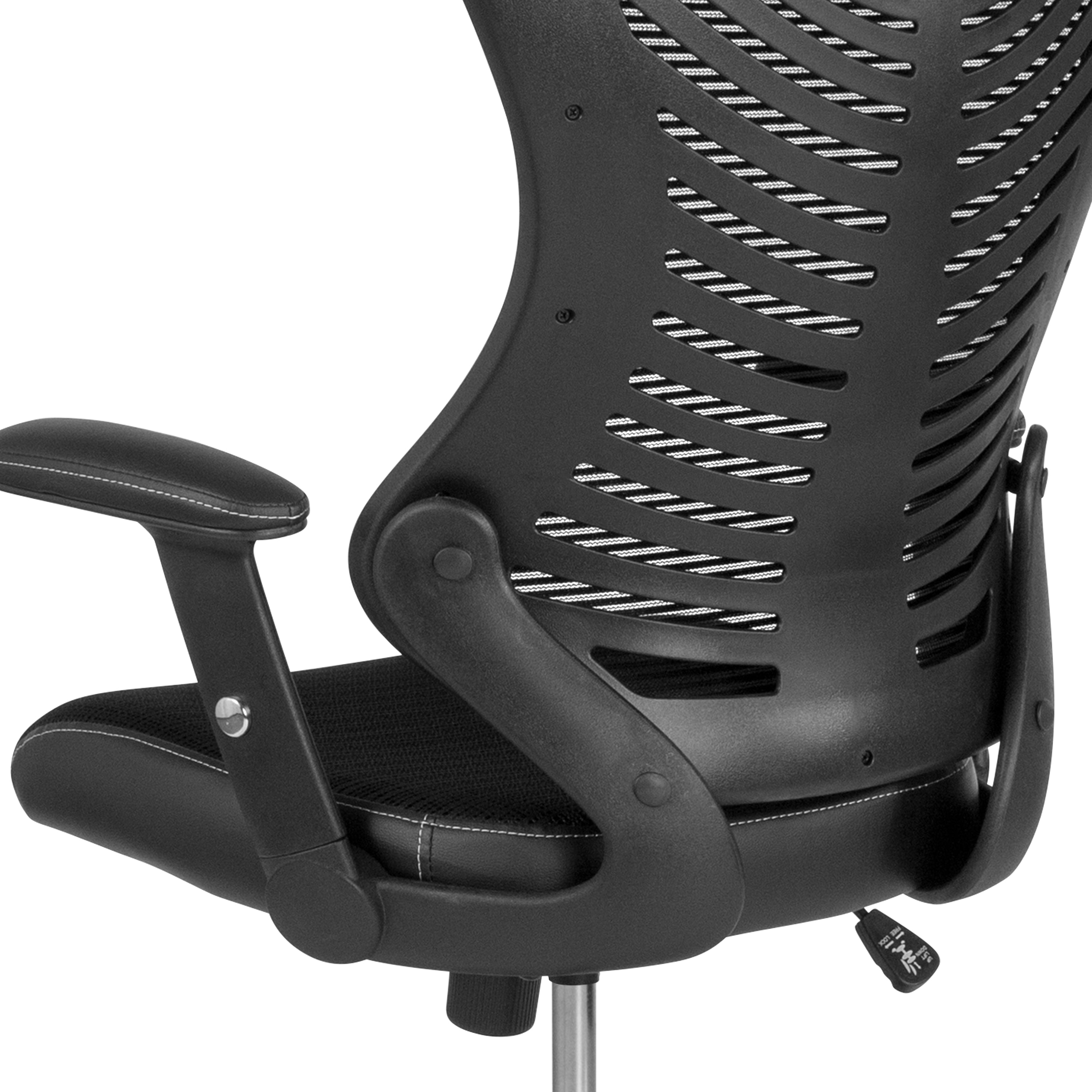 Waylon High Back Designer Black Mesh Drafting Chair with LeatherSoft Sides and Adjustable Arms