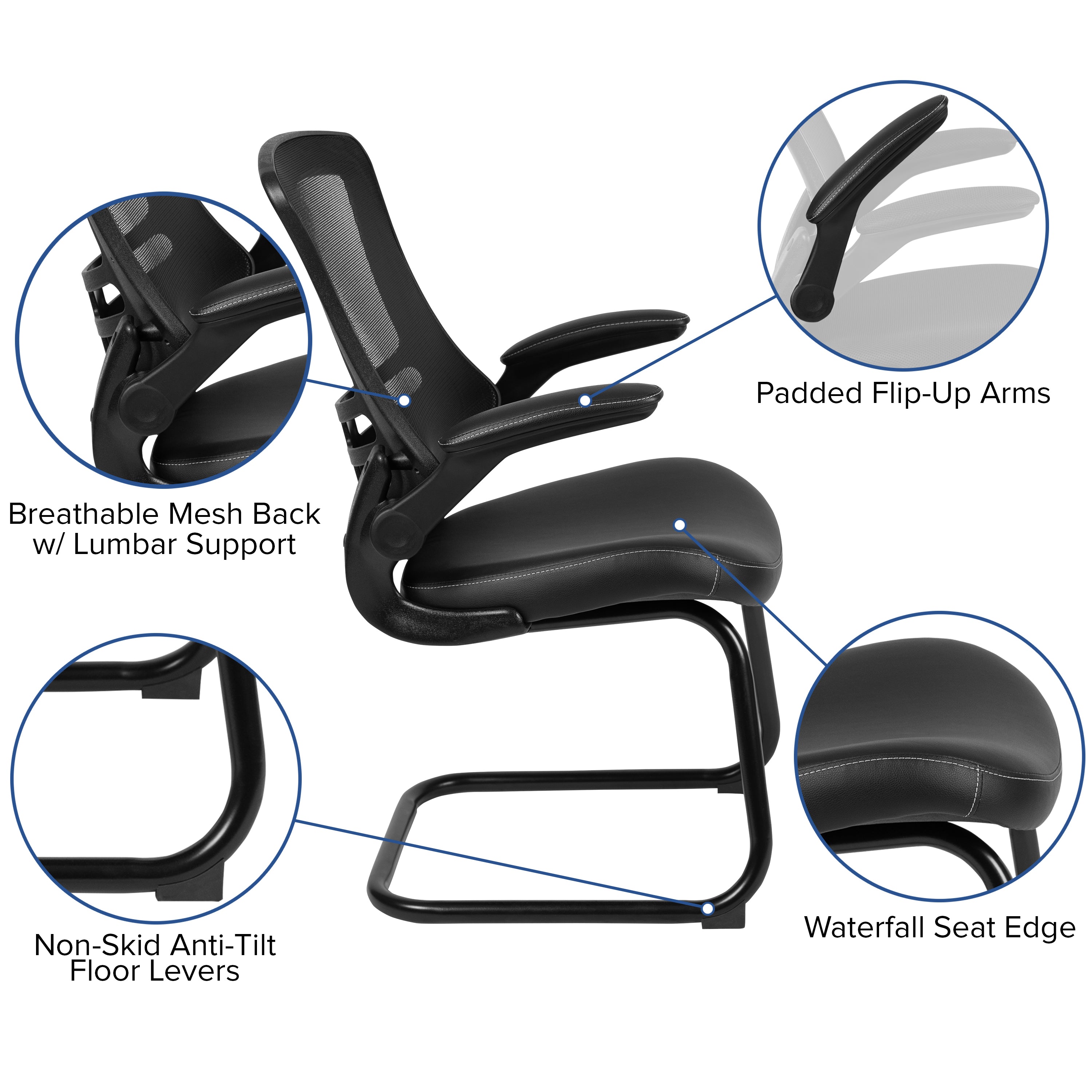 Kelista Black Mesh Sled Base Side Reception Chair with White Stitched LeatherSoft Seat and Flip-Up Arms