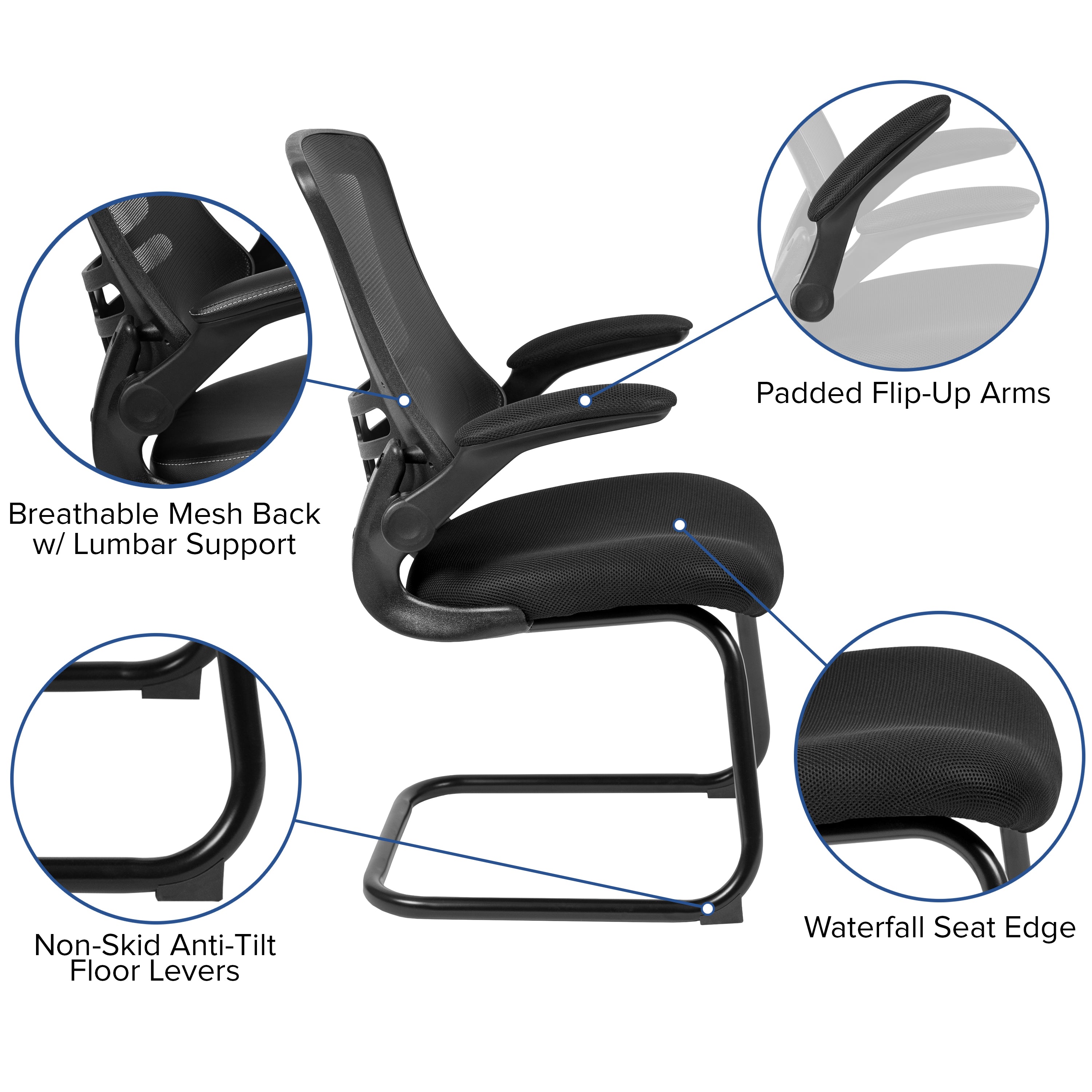 Kelista Black Mesh Sled Base Side Reception Chair with Flip-Up Arms