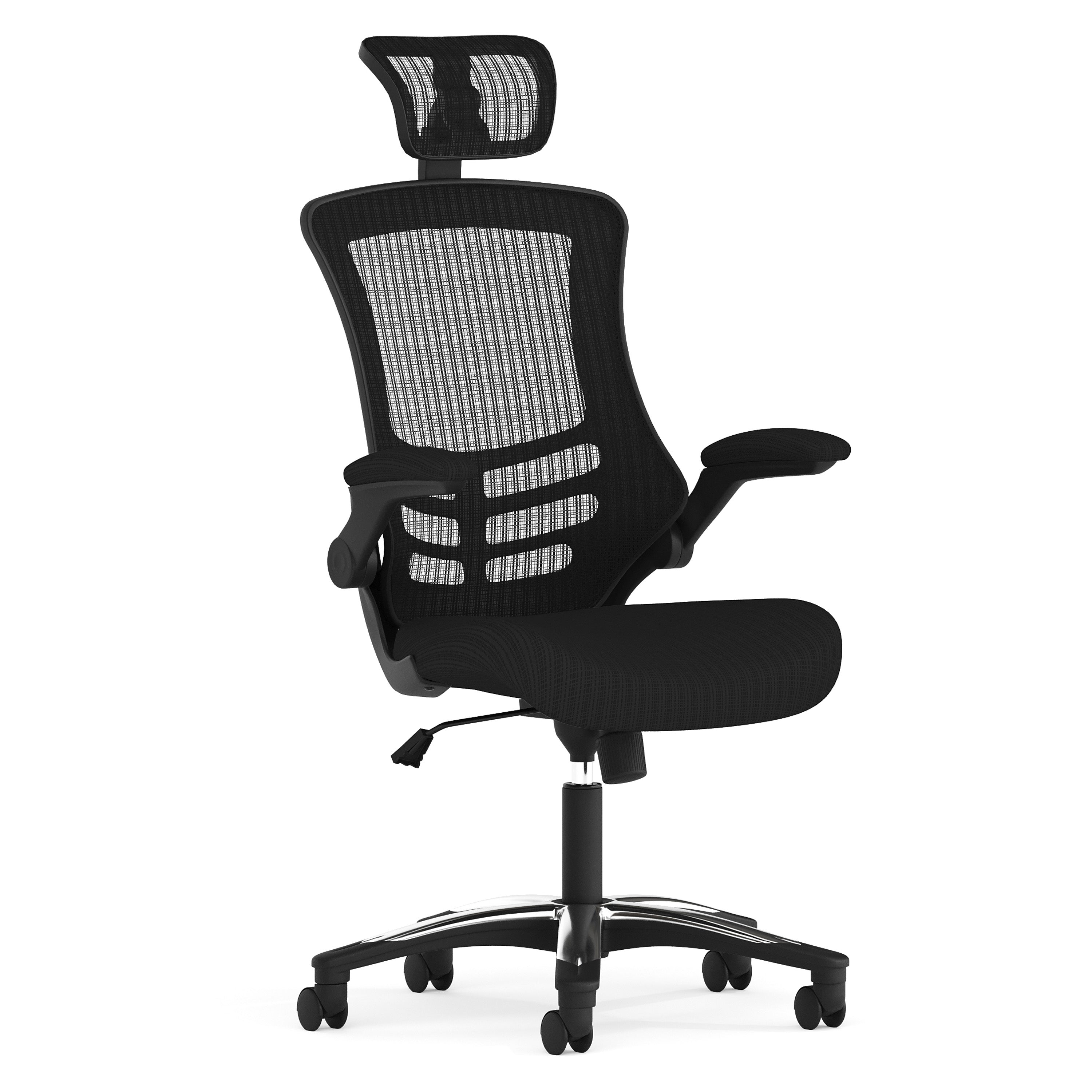Kelista High-Back Black Mesh Swivel Ergonomic Executive Office Chair with Flip-Up Arms and Adjustable Headrest