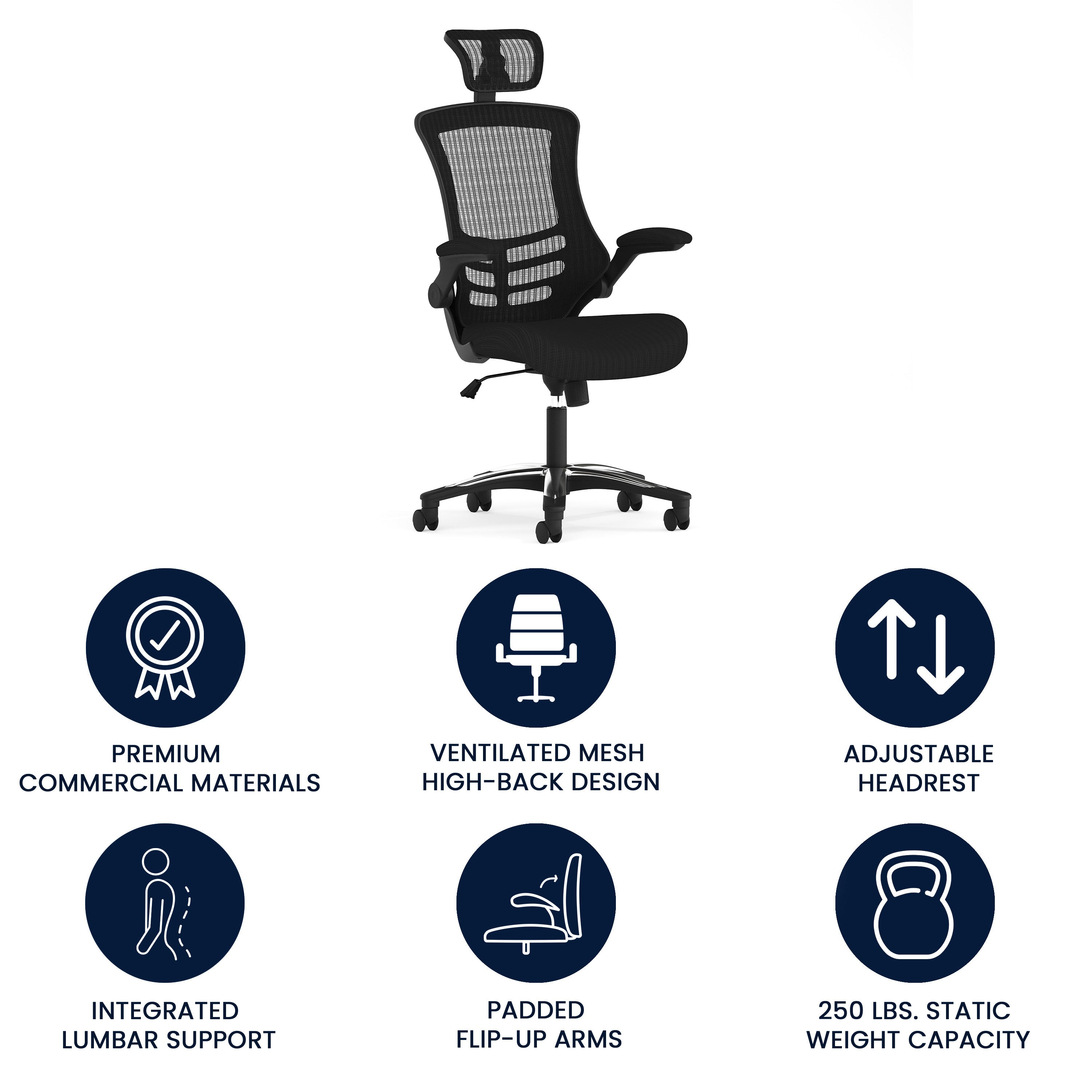 Kelista High-Back Black Mesh Swivel Ergonomic Executive Office Chair with Flip-Up Arms and Adjustable Headrest