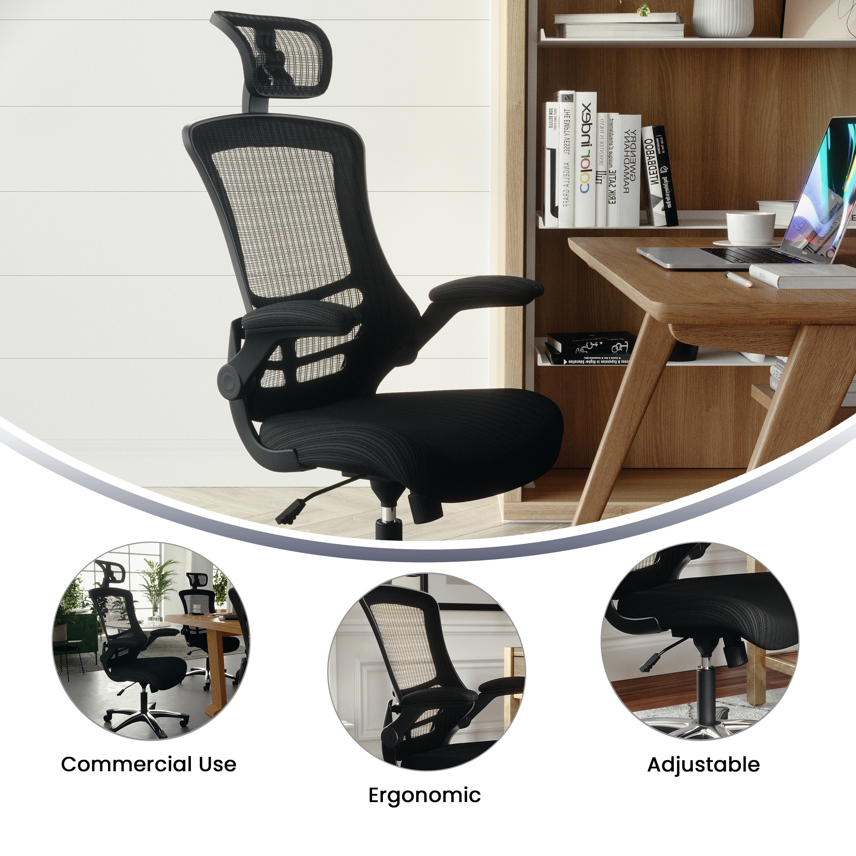Kelista High-Back Black Mesh Swivel Ergonomic Executive Office Chair with Flip-Up Arms and Adjustable Headrest