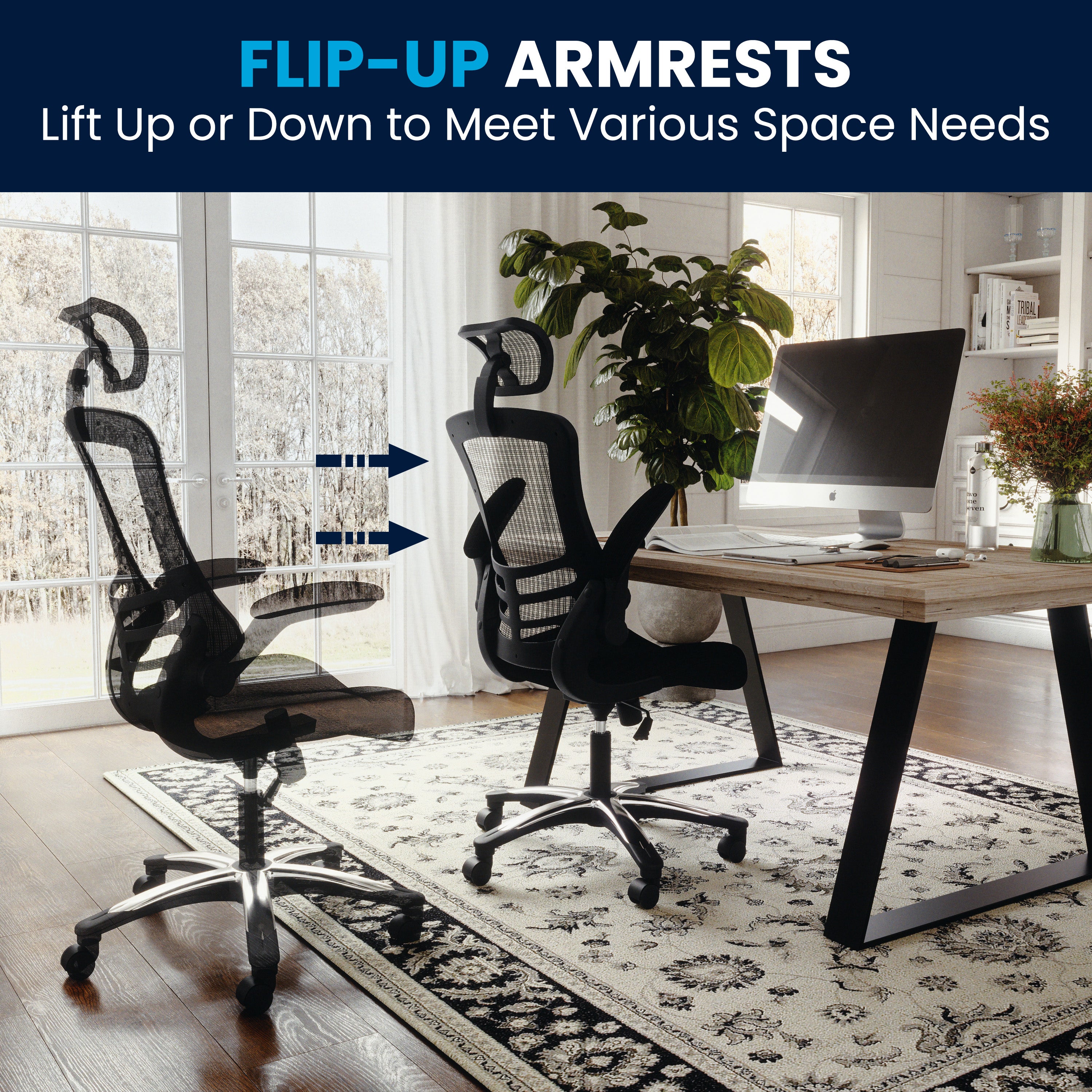 Kelista High-Back Black Mesh Swivel Ergonomic Executive Office Chair with Flip-Up Arms and Adjustable Headrest