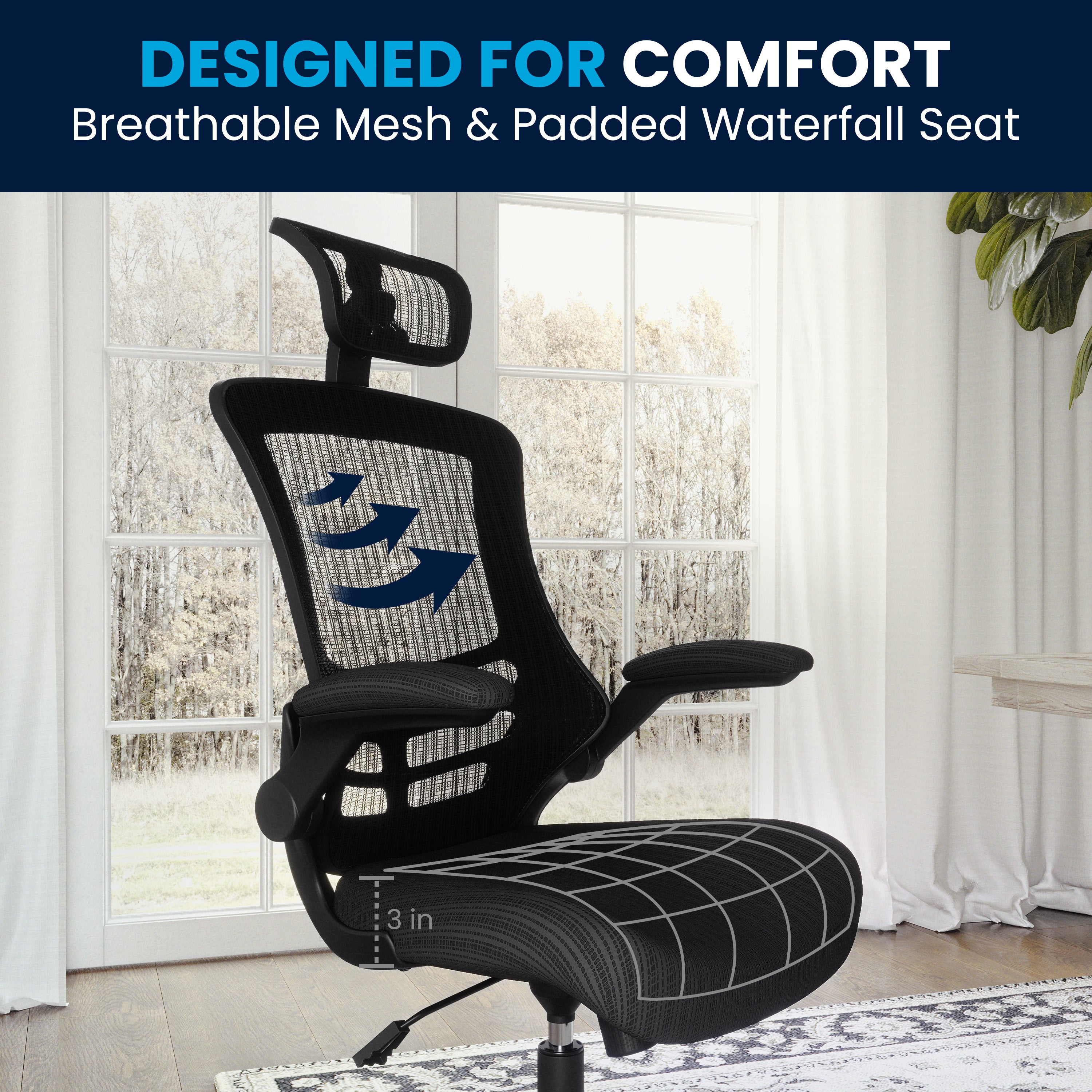 Kelista High-Back Black Mesh Swivel Ergonomic Executive Office Chair with Flip-Up Arms and Adjustable Headrest