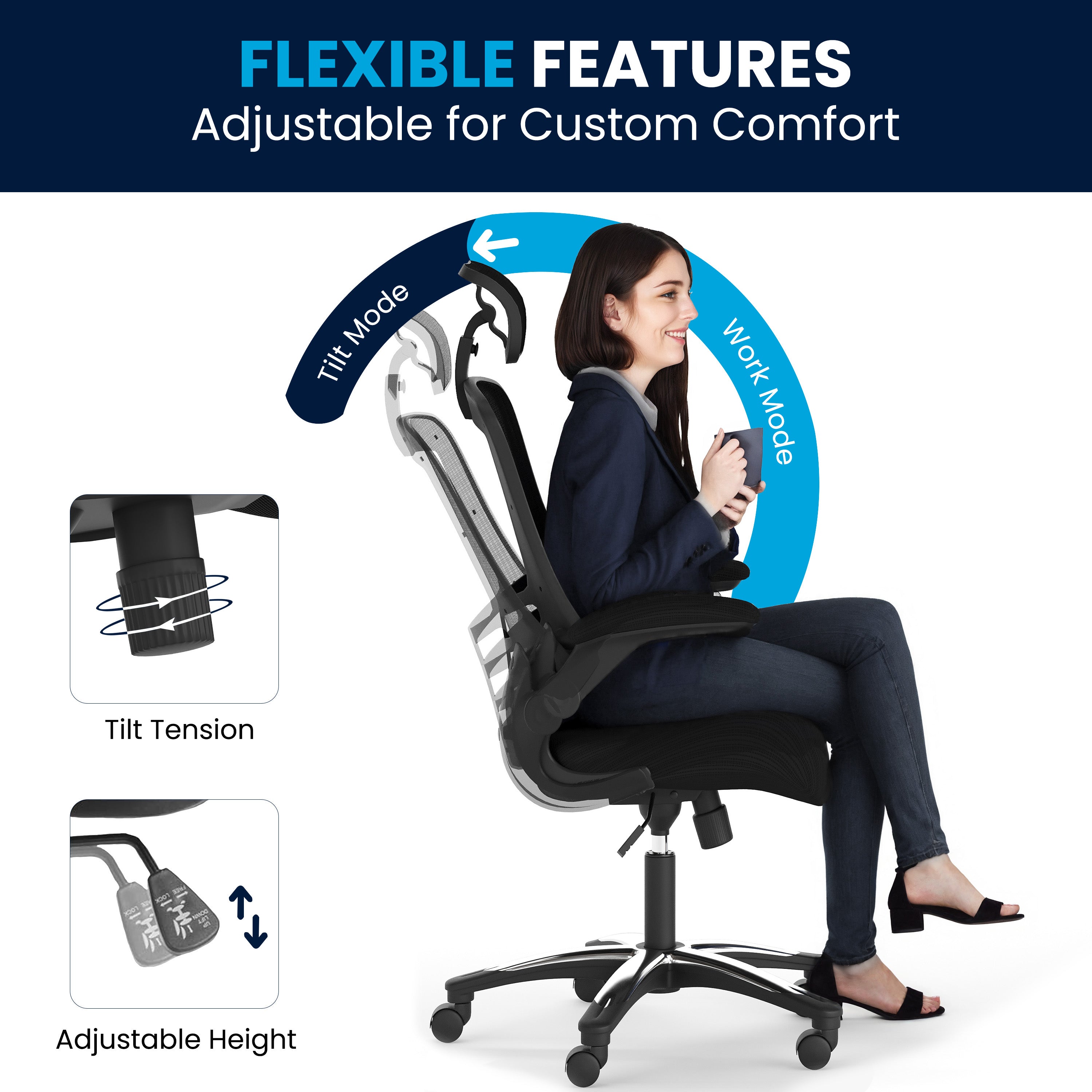 Kelista High-Back Black Mesh Swivel Ergonomic Executive Office Chair with Flip-Up Arms and Adjustable Headrest