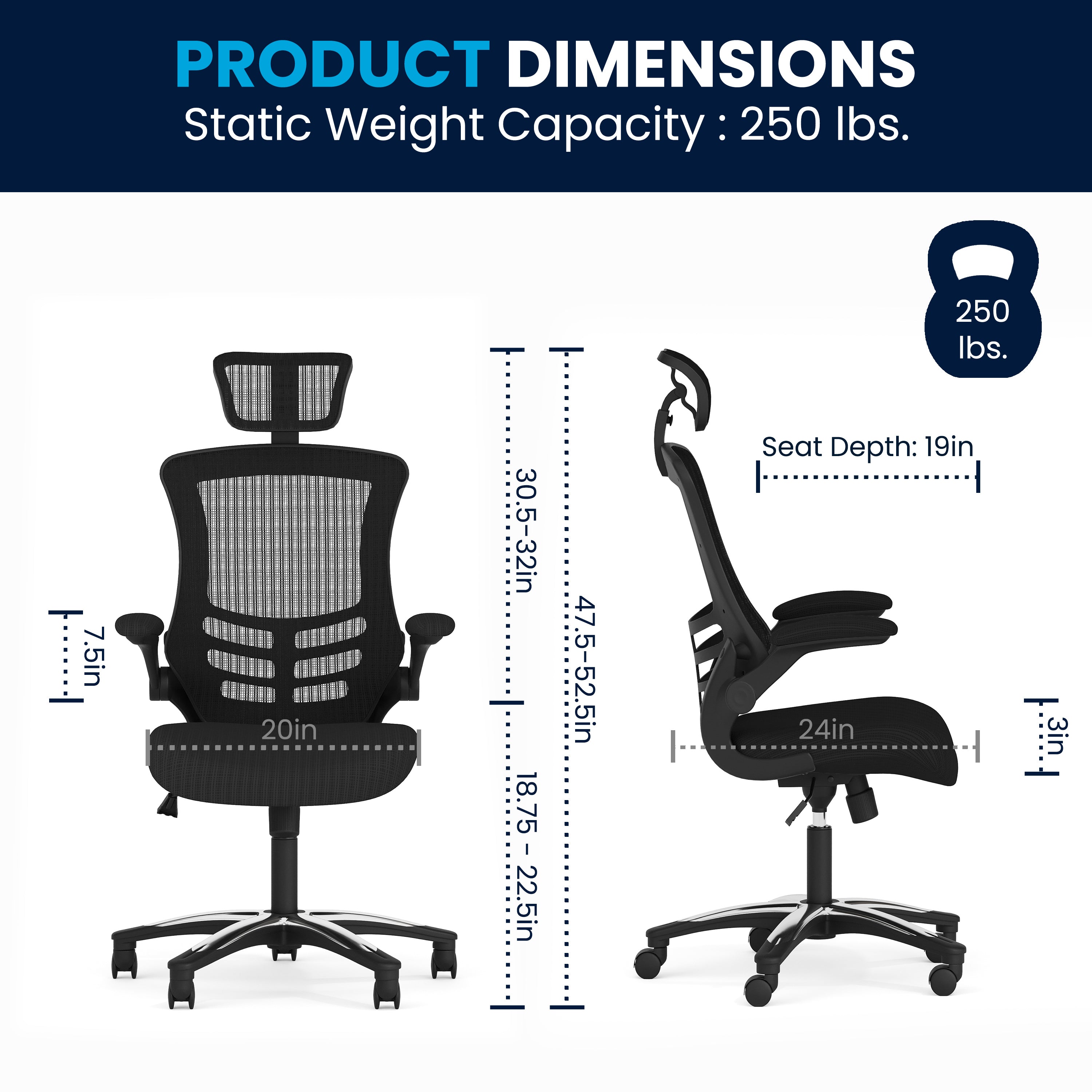 Kelista High-Back Black Mesh Swivel Ergonomic Executive Office Chair with Flip-Up Arms and Adjustable Headrest