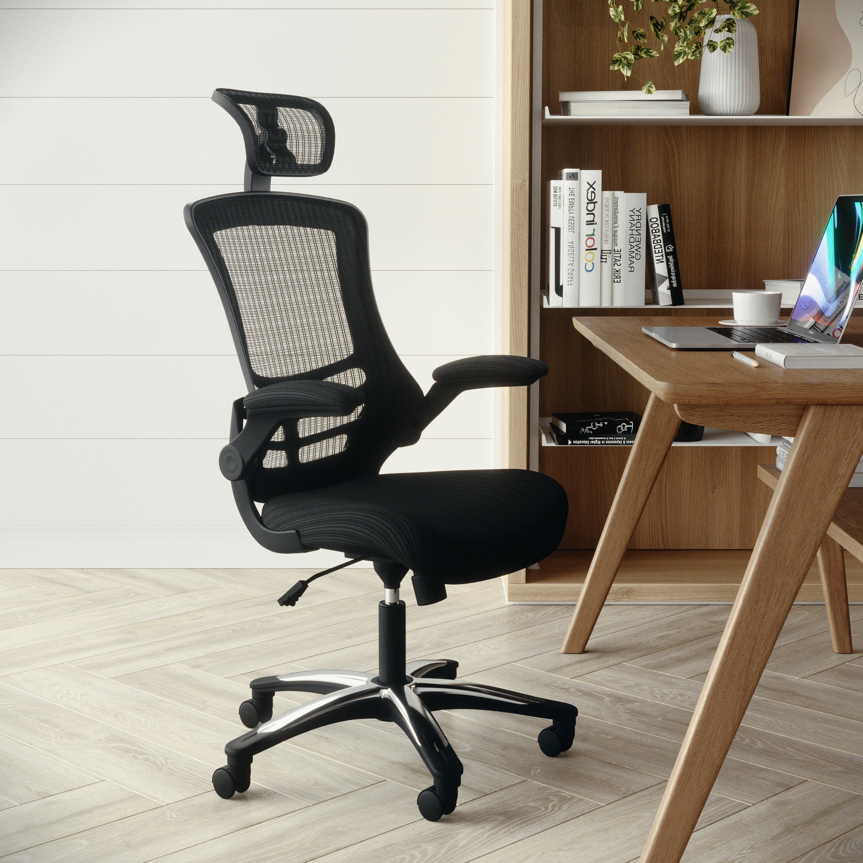 Kelista High-Back Black Mesh Swivel Ergonomic Executive Office Chair with Flip-Up Arms and Adjustable Headrest
