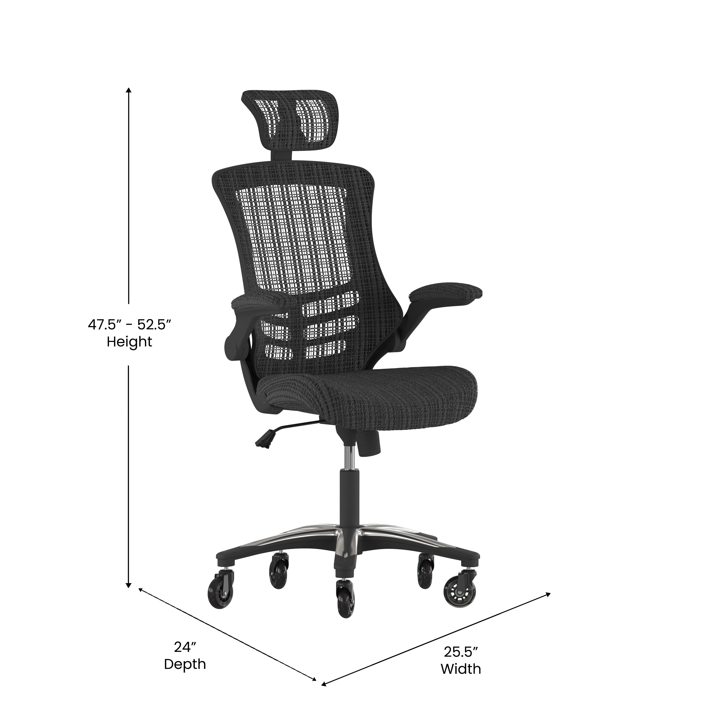 Kelista High-Back Black Mesh Swivel Ergonomic Executive Office Chair with Flip-Up Arms and Transparent Roller Wheels