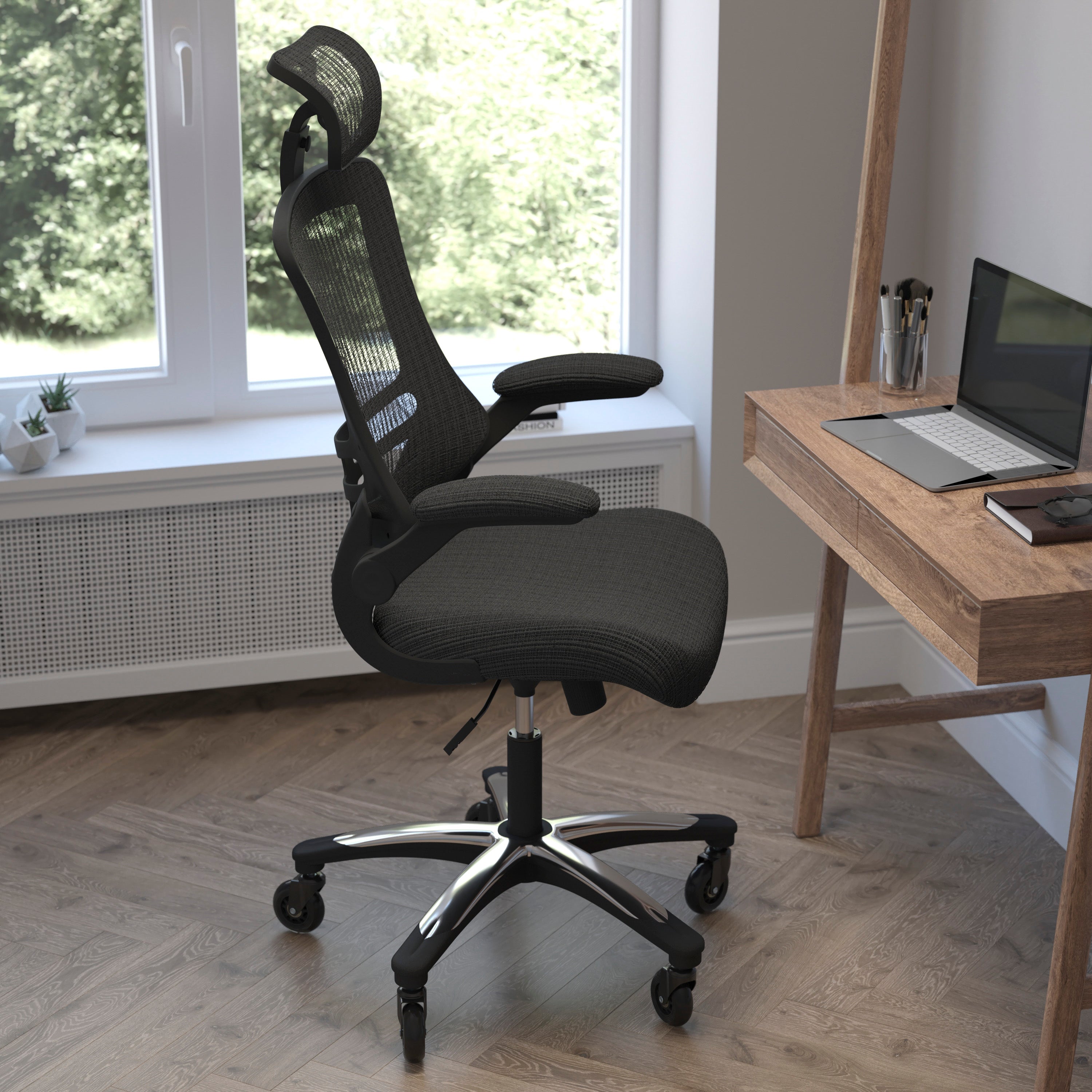 Kelista High-Back Black Mesh Swivel Ergonomic Executive Office Chair with Flip-Up Arms and Transparent Roller Wheels