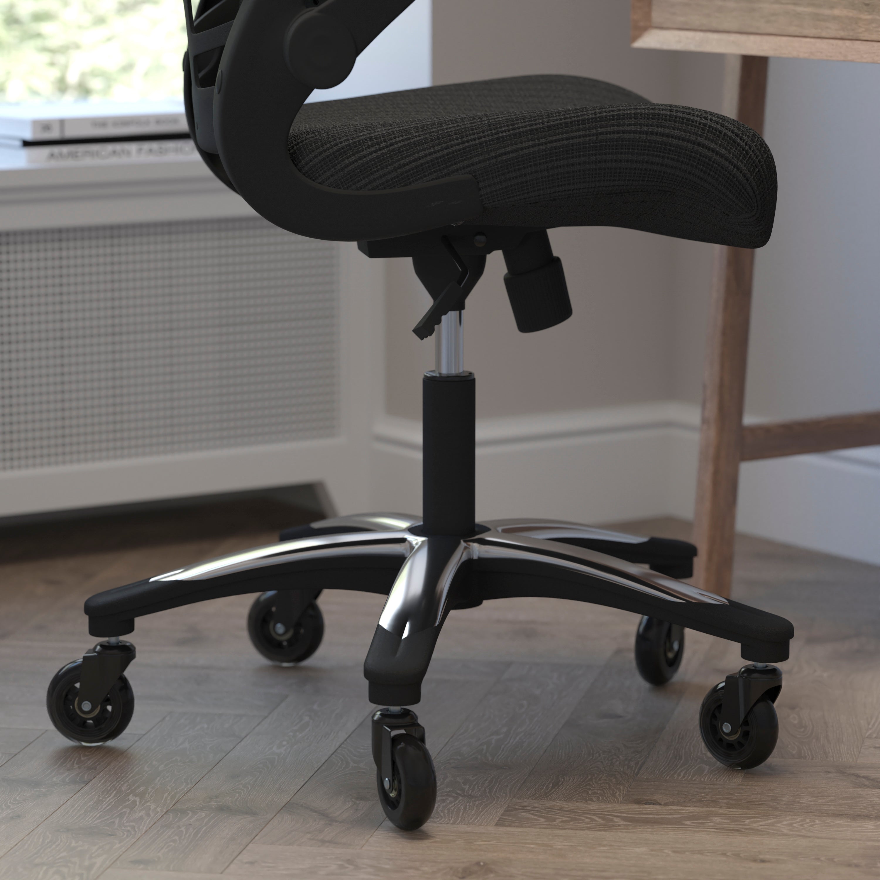 Kelista High-Back Black Mesh Swivel Ergonomic Executive Office Chair with Flip-Up Arms and Transparent Roller Wheels