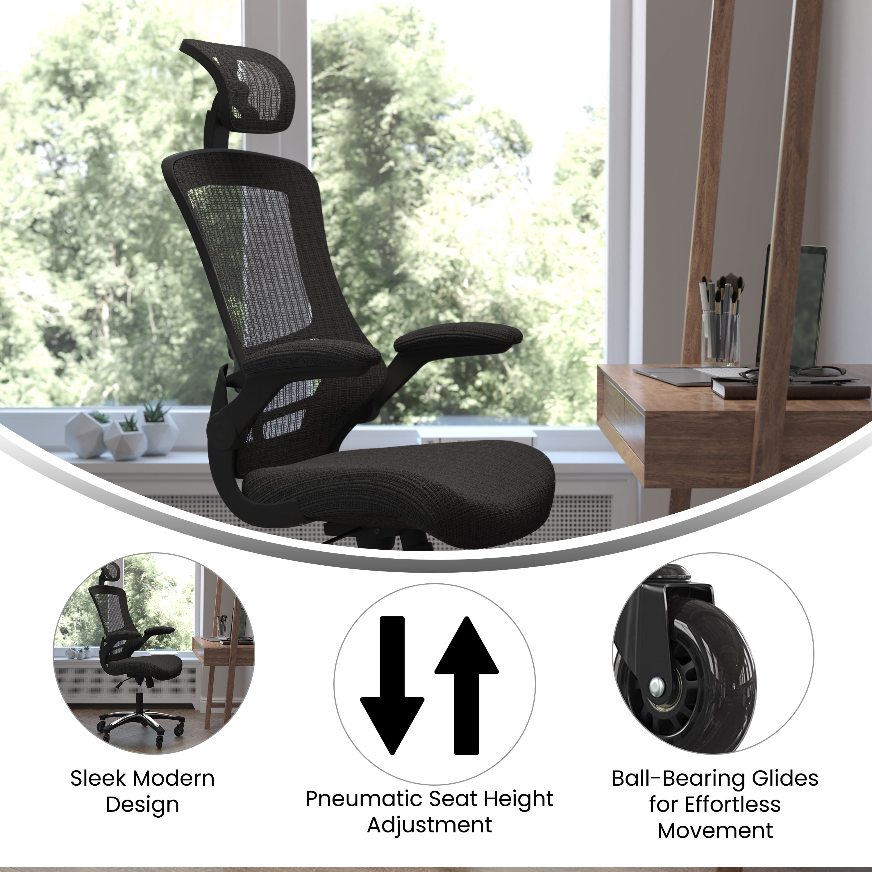 Kelista High-Back Black Mesh Swivel Ergonomic Executive Office Chair with Flip-Up Arms and Transparent Roller Wheels