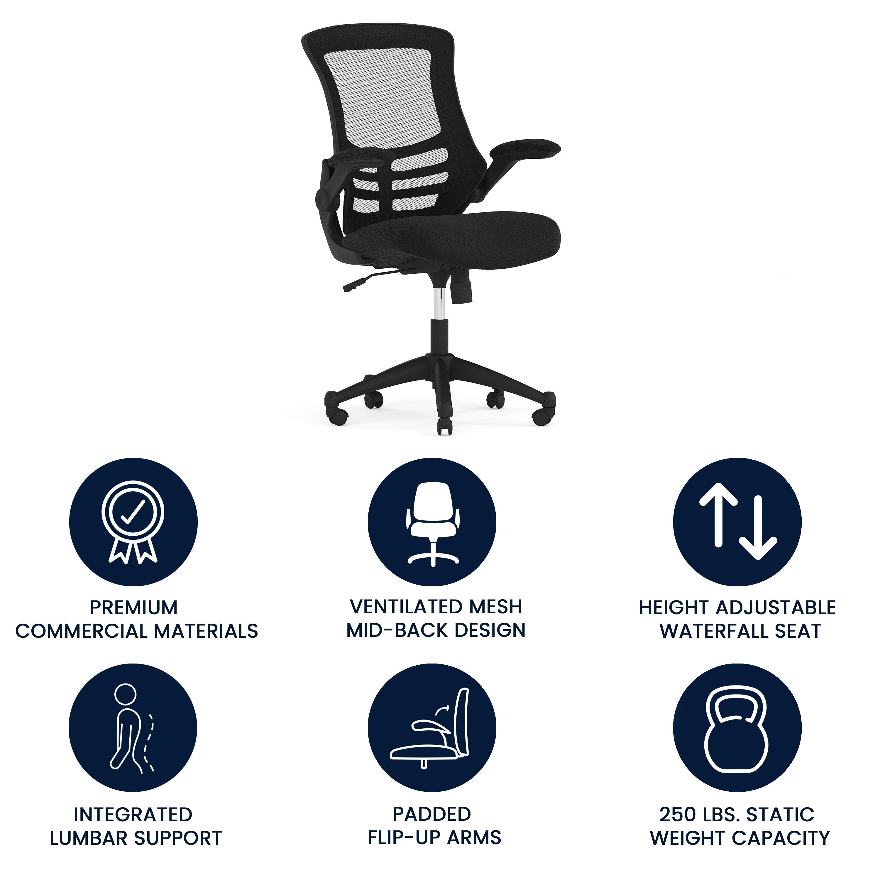 Kelista Mid-Back Black Mesh Swivel Ergonomic Task Office Chair with Flip-Up Arms