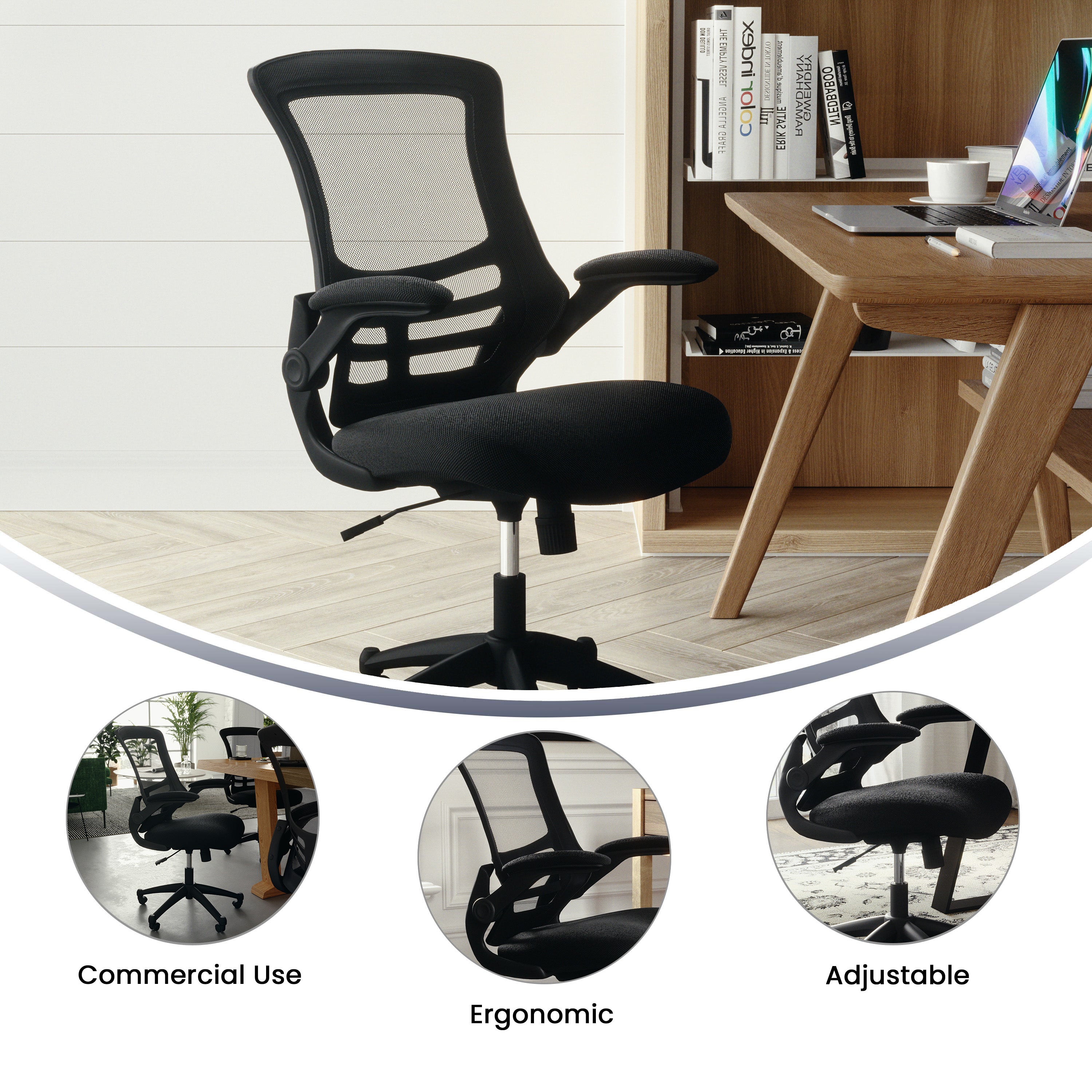 Kelista Mid-Back Black Mesh Swivel Ergonomic Task Office Chair with Flip-Up Arms