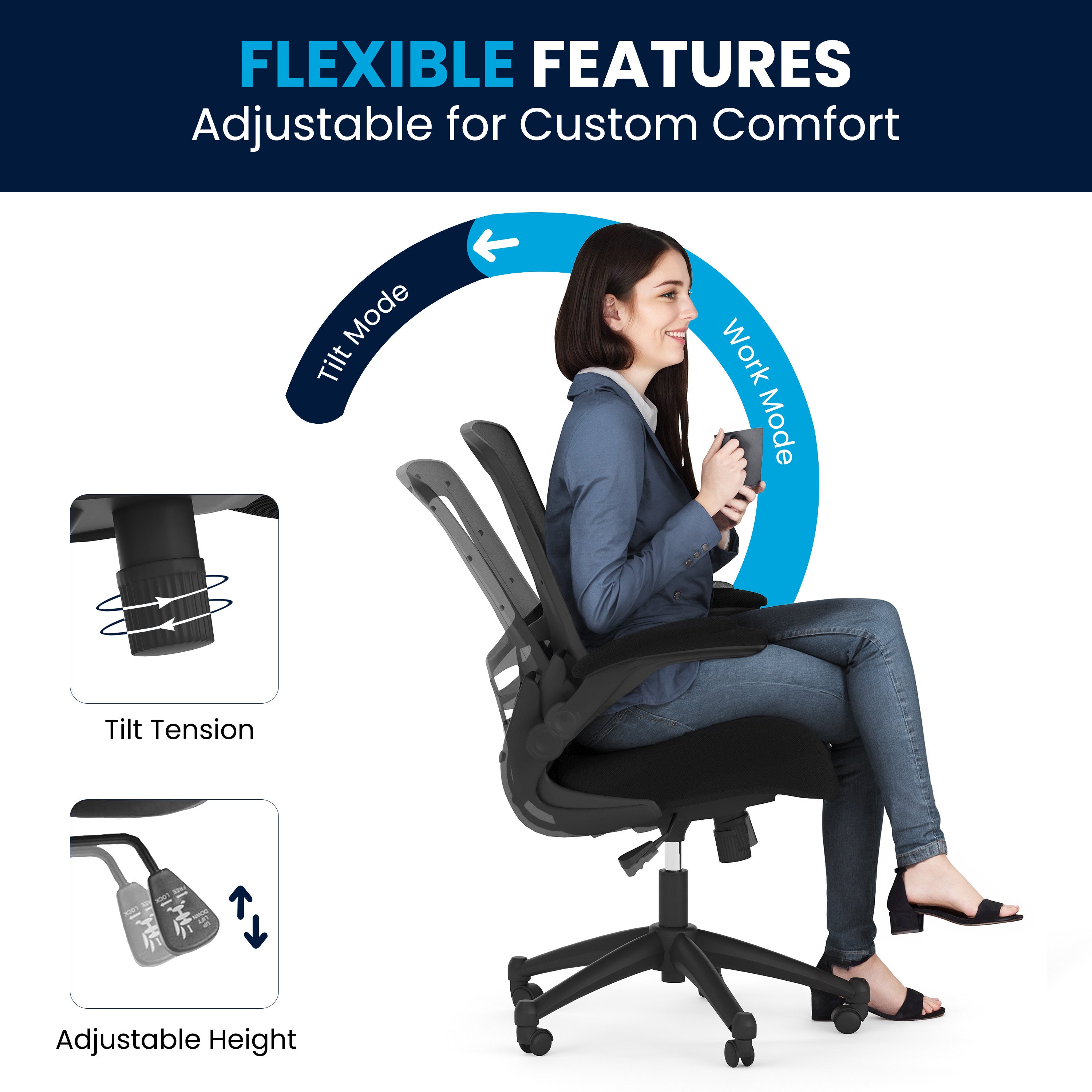 Kelista Mid-Back Black Mesh Swivel Ergonomic Task Office Chair with Flip-Up Arms