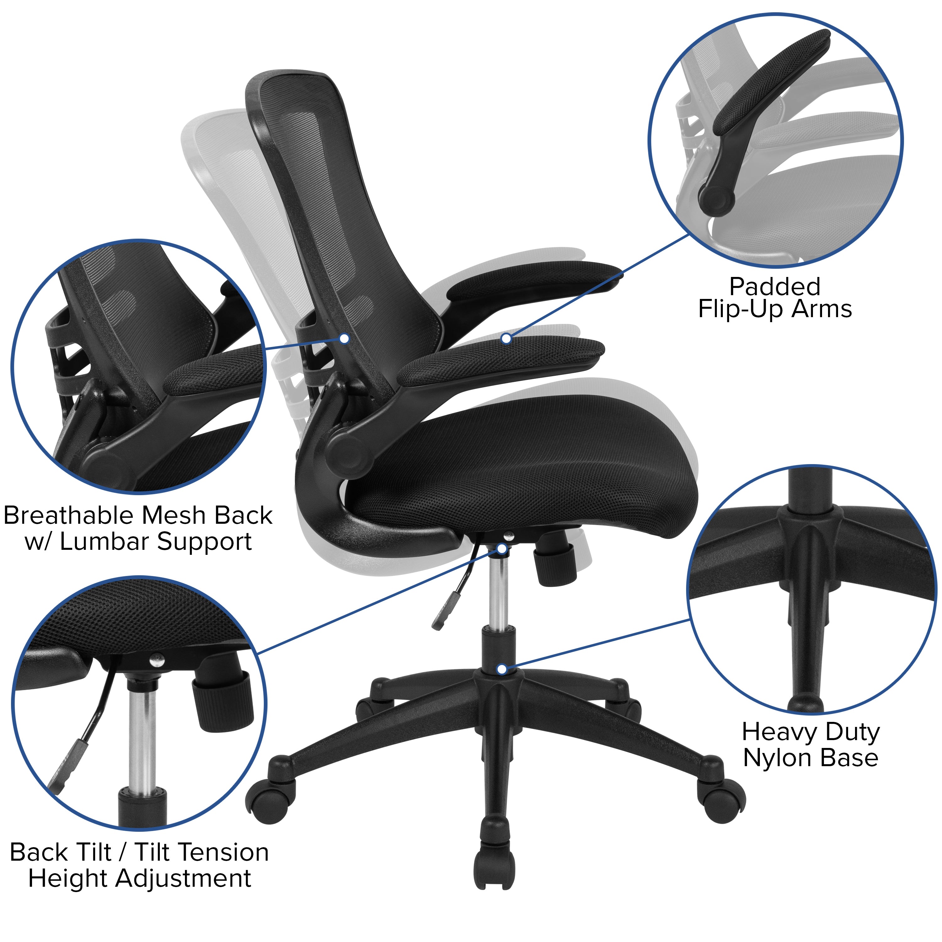 Kelista Mid-Back Black Mesh Swivel Ergonomic Task Office Chair with Flip-Up Arms