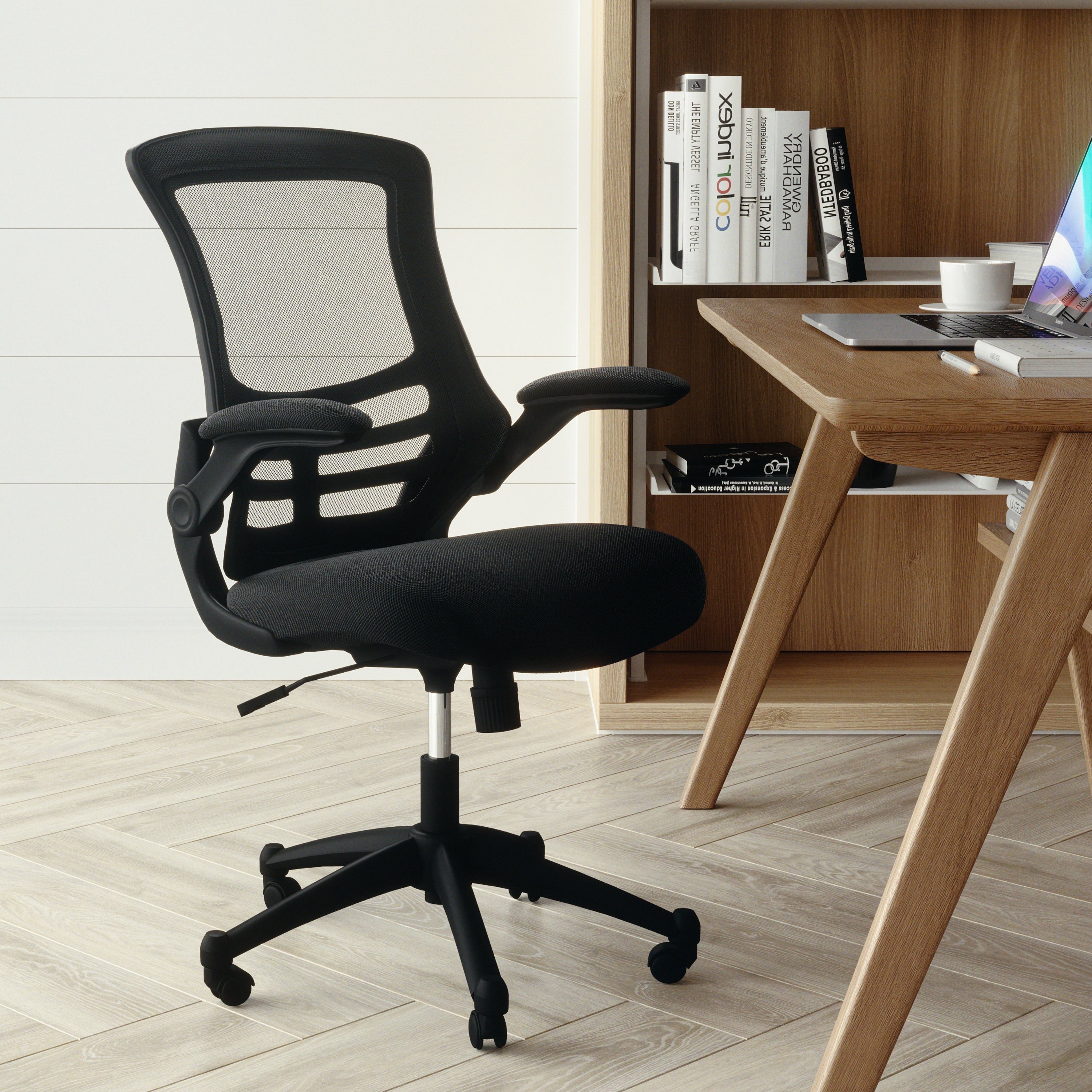 Kelista Mid-Back Black Mesh Swivel Ergonomic Task Office Chair with Flip-Up Arms