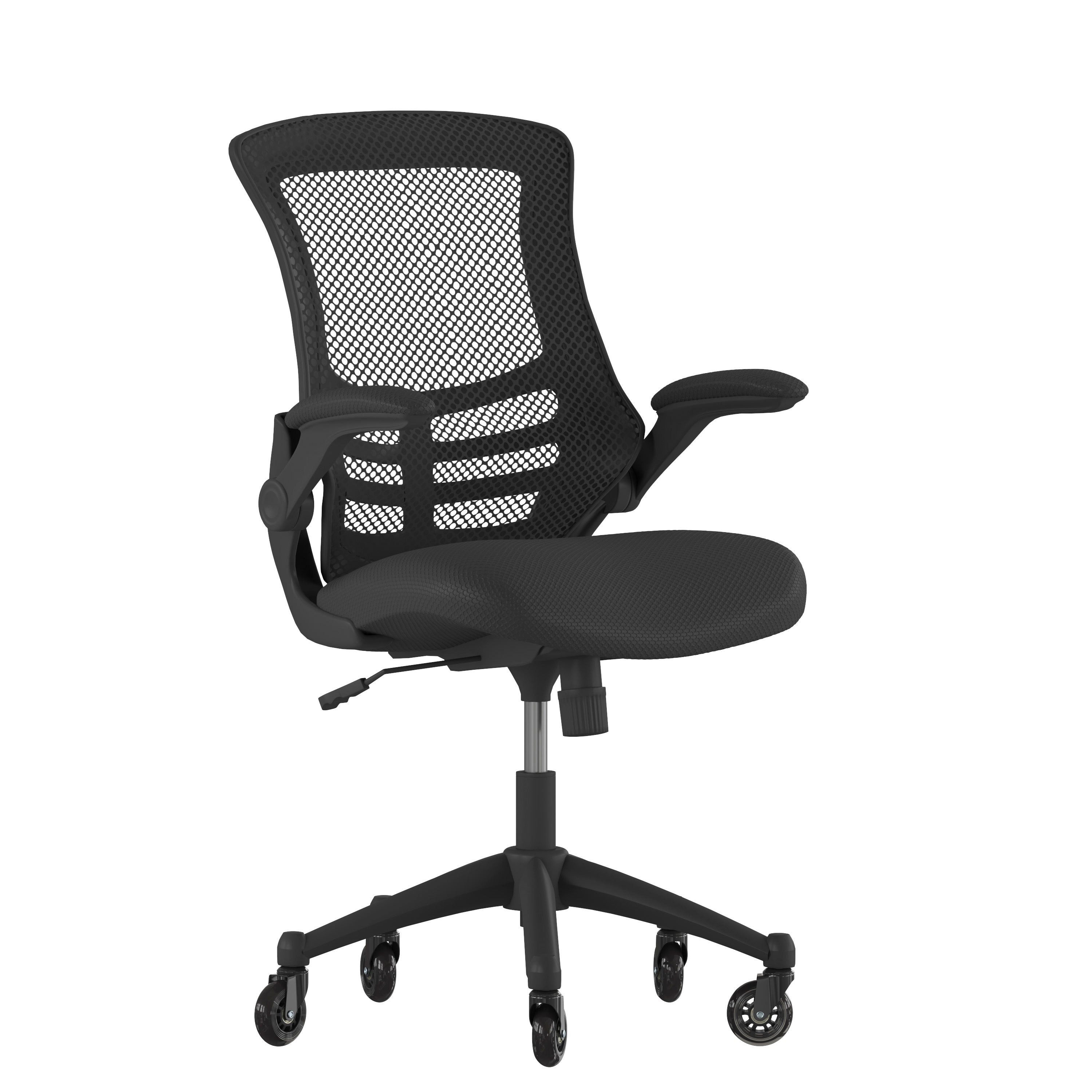 Kelista Mid-Back Black Mesh Swivel Ergonomic Task Office Chair with Flip-Up Arms and Transparent Roller Wheels