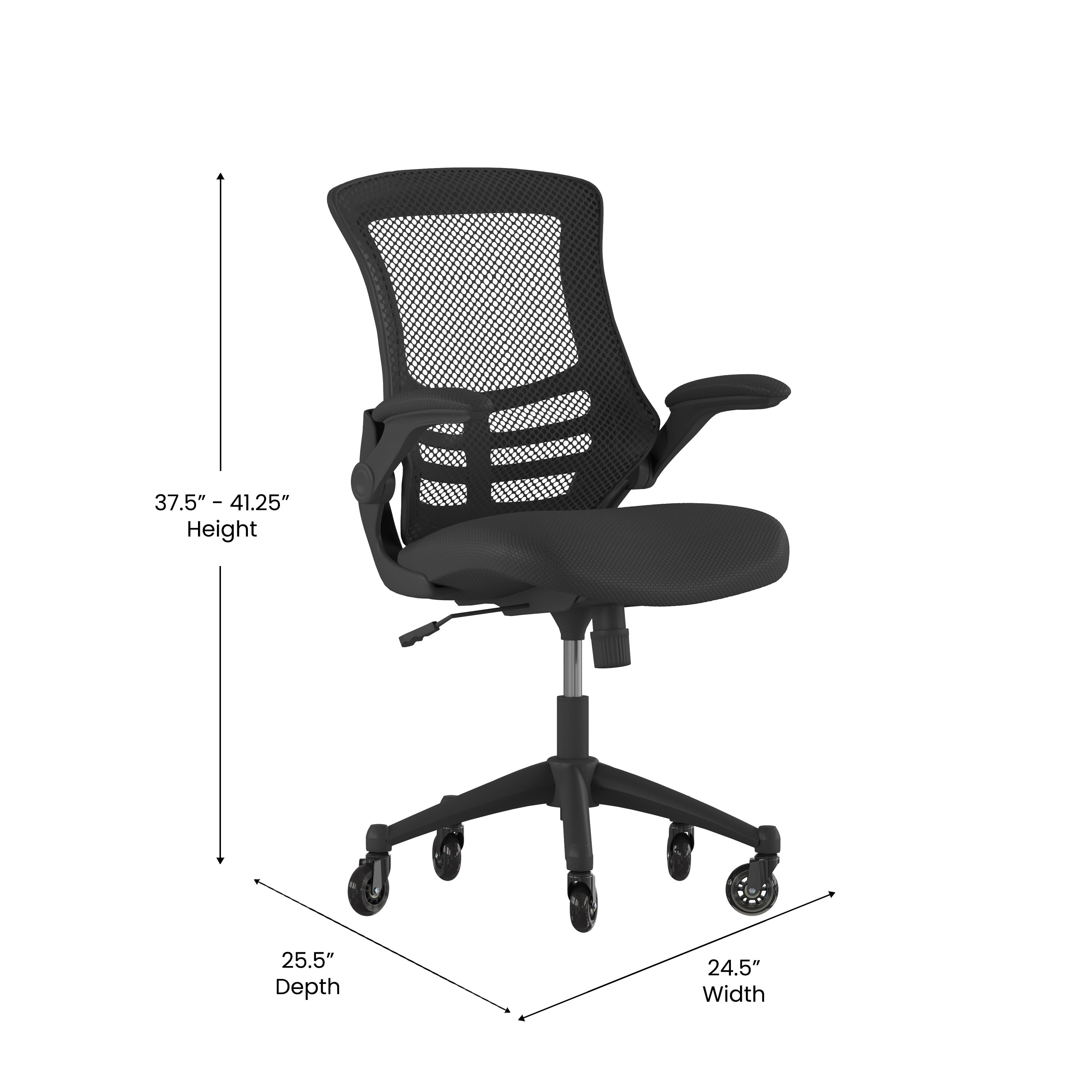 Kelista Mid-Back Black Mesh Swivel Ergonomic Task Office Chair with Flip-Up Arms and Transparent Roller Wheels