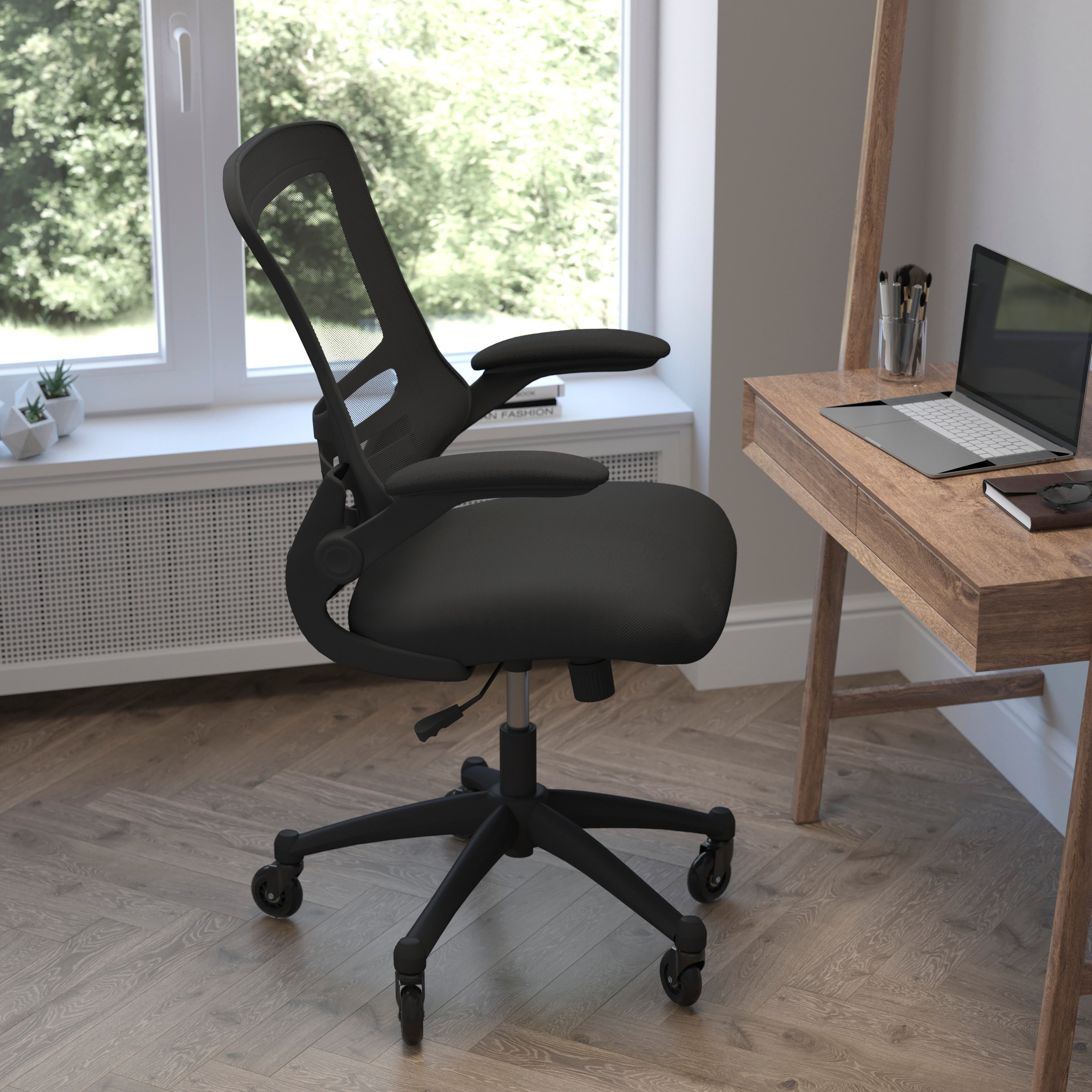 Kelista Mid-Back Black Mesh Swivel Ergonomic Task Office Chair with Flip-Up Arms and Transparent Roller Wheels