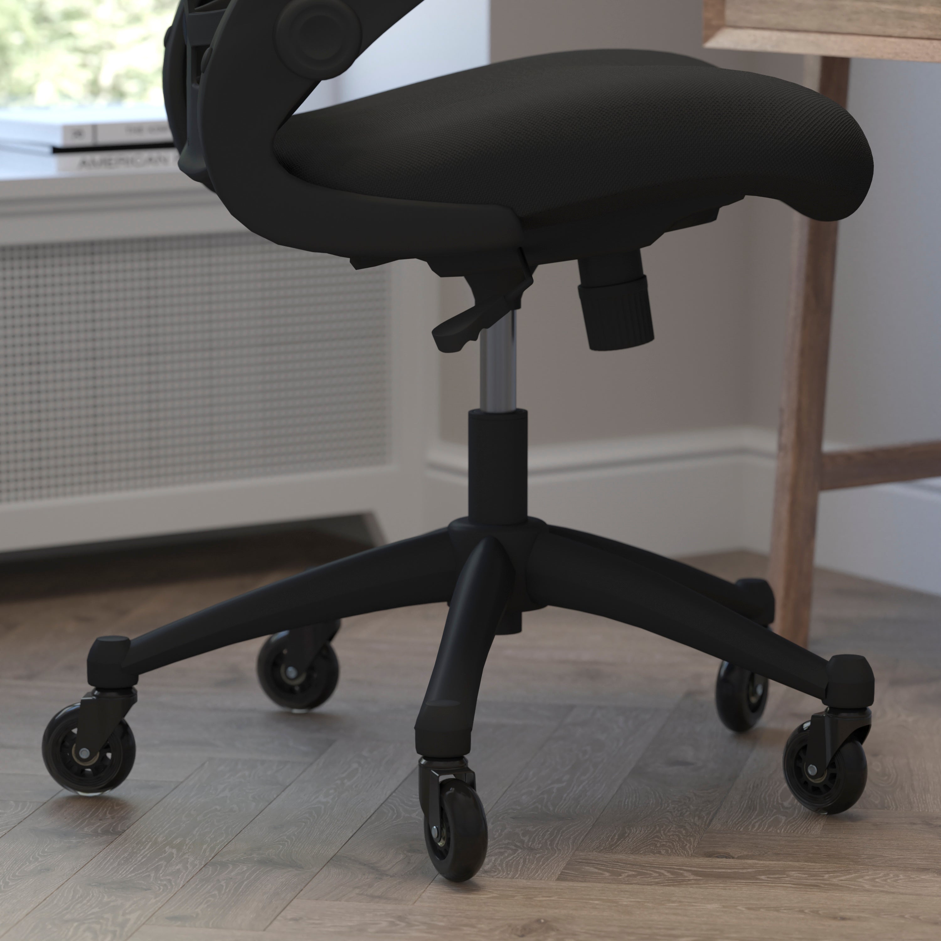 Kelista Mid-Back Black Mesh Swivel Ergonomic Task Office Chair with Flip-Up Arms and Transparent Roller Wheels