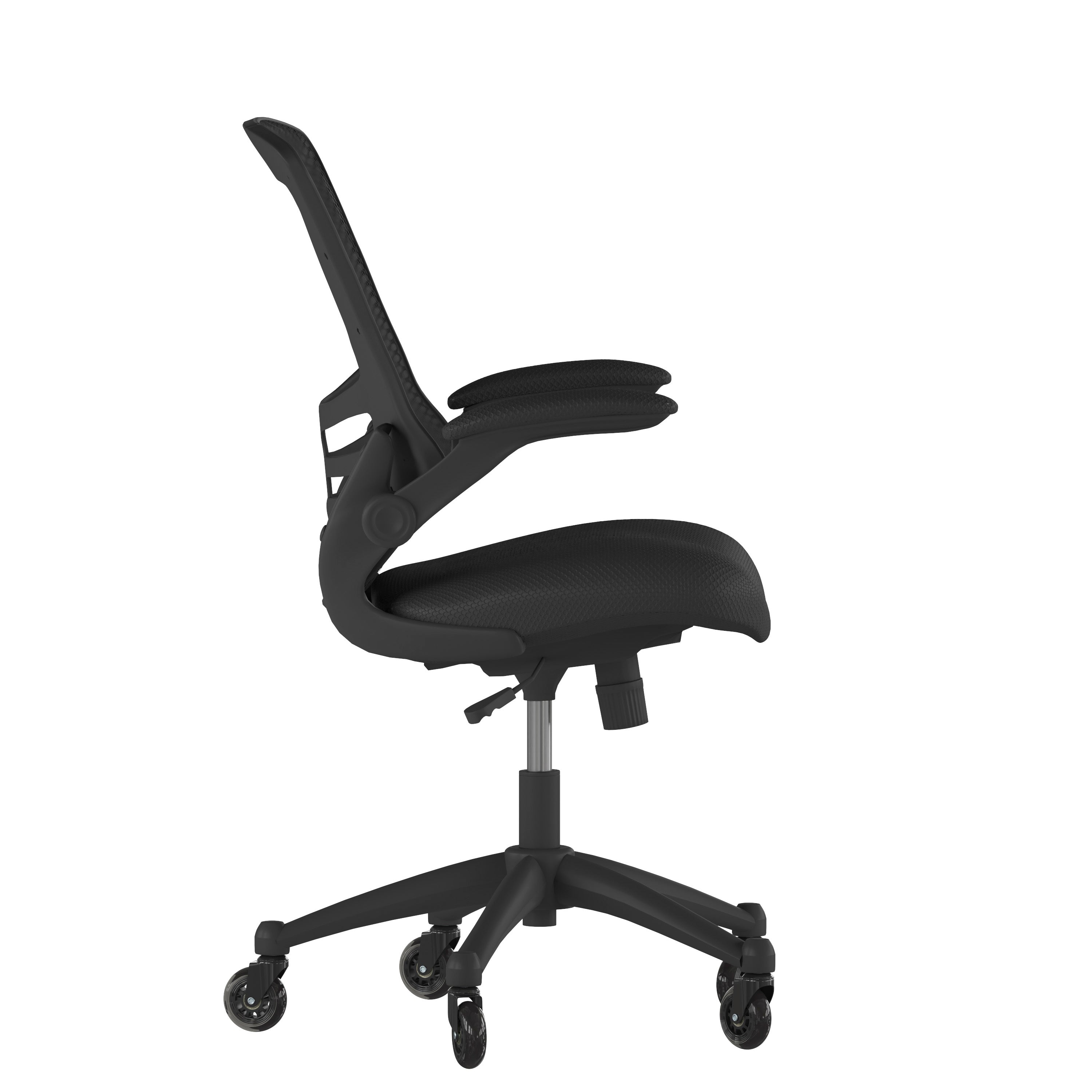 Kelista Mid-Back Black Mesh Swivel Ergonomic Task Office Chair with Flip-Up Arms and Transparent Roller Wheels