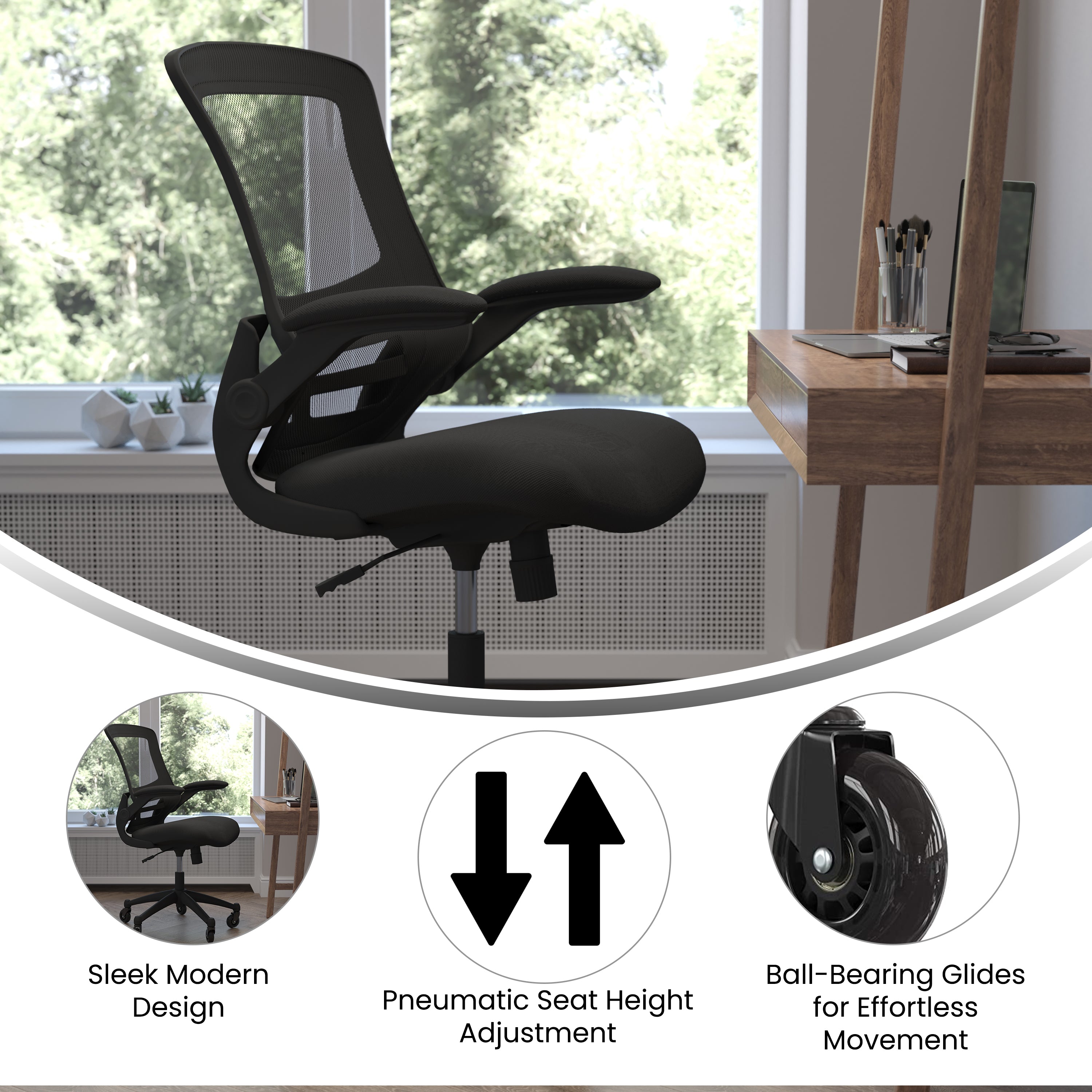 Kelista Mid-Back Black Mesh Swivel Ergonomic Task Office Chair with Flip-Up Arms and Transparent Roller Wheels