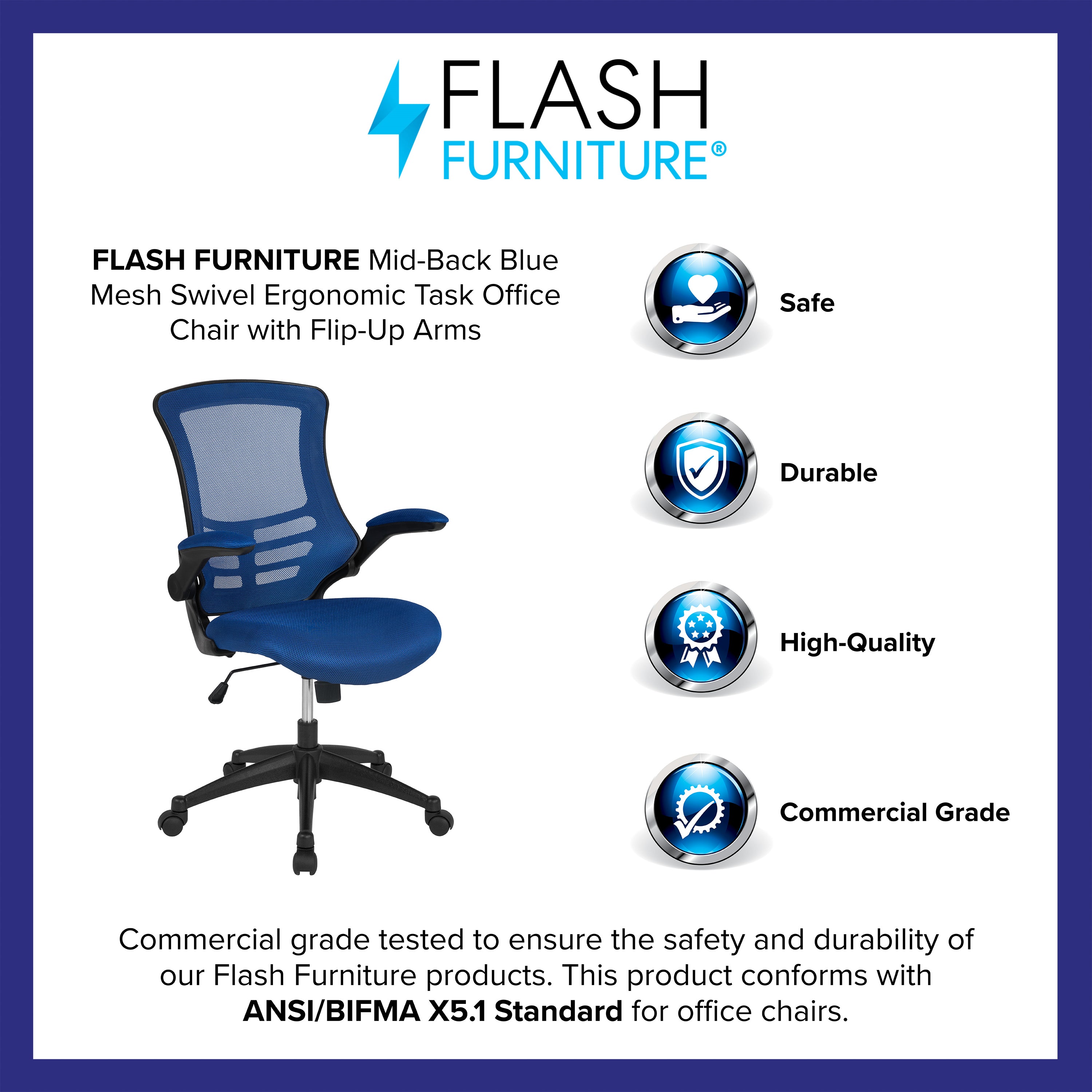 Kelista Mid-Back Blue Mesh Swivel Ergonomic Task Office Chair with Flip-Up Arms