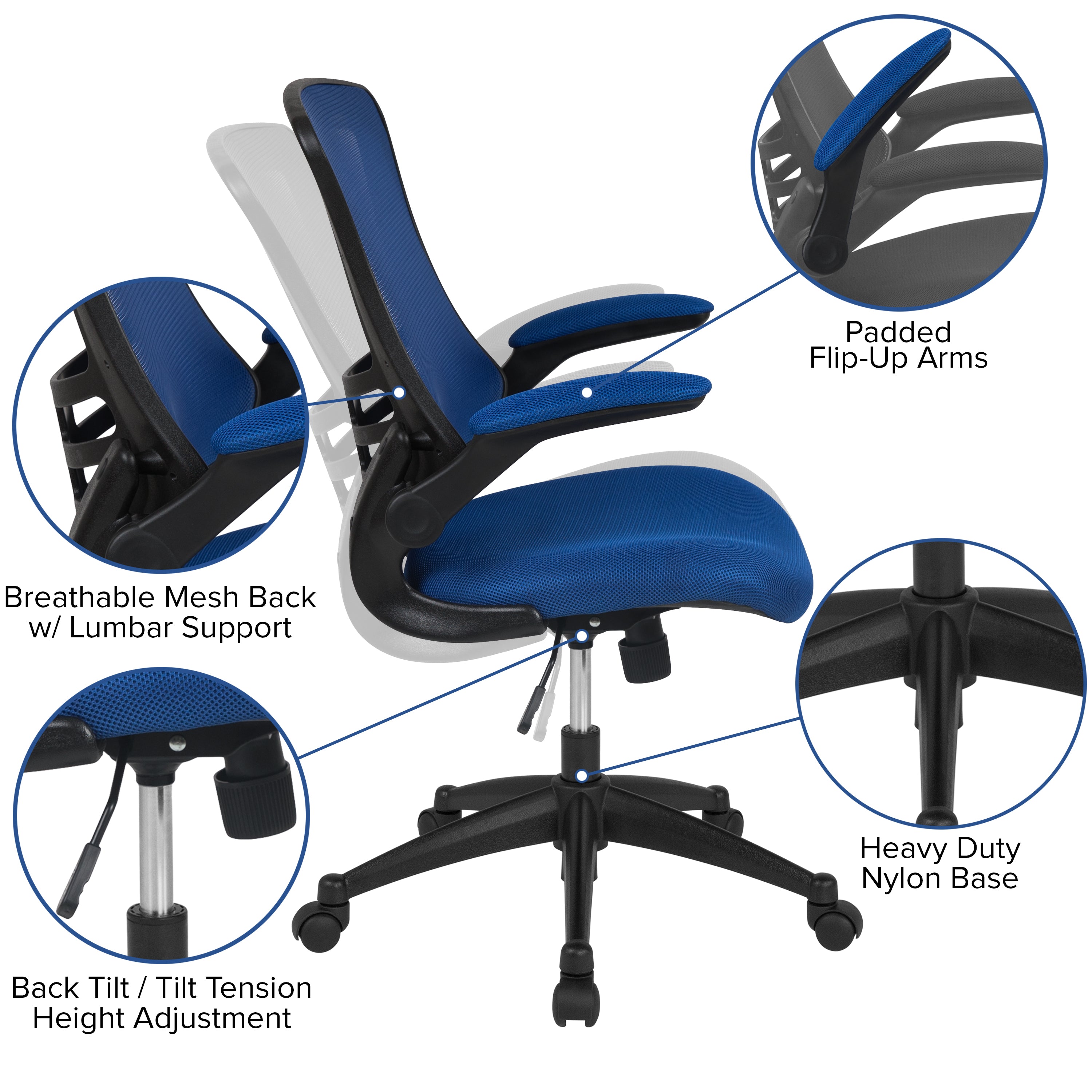 Kelista Mid-Back Blue Mesh Swivel Ergonomic Task Office Chair with Flip-Up Arms