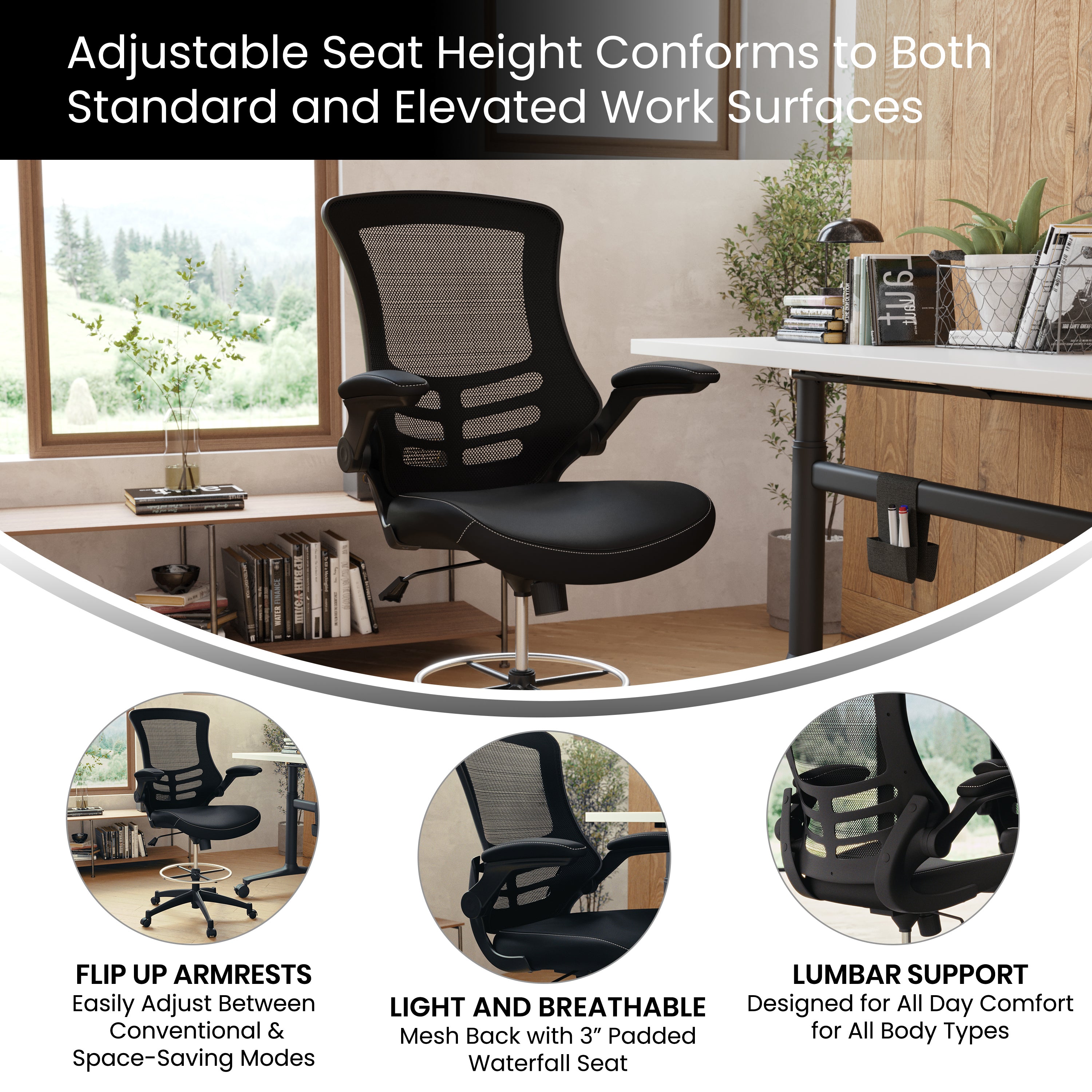 Kelista Mid-Back Black Mesh Ergonomic Drafting Chair with LeatherSoft Seat, Adjustable Foot Ring and Flip-Up Arms