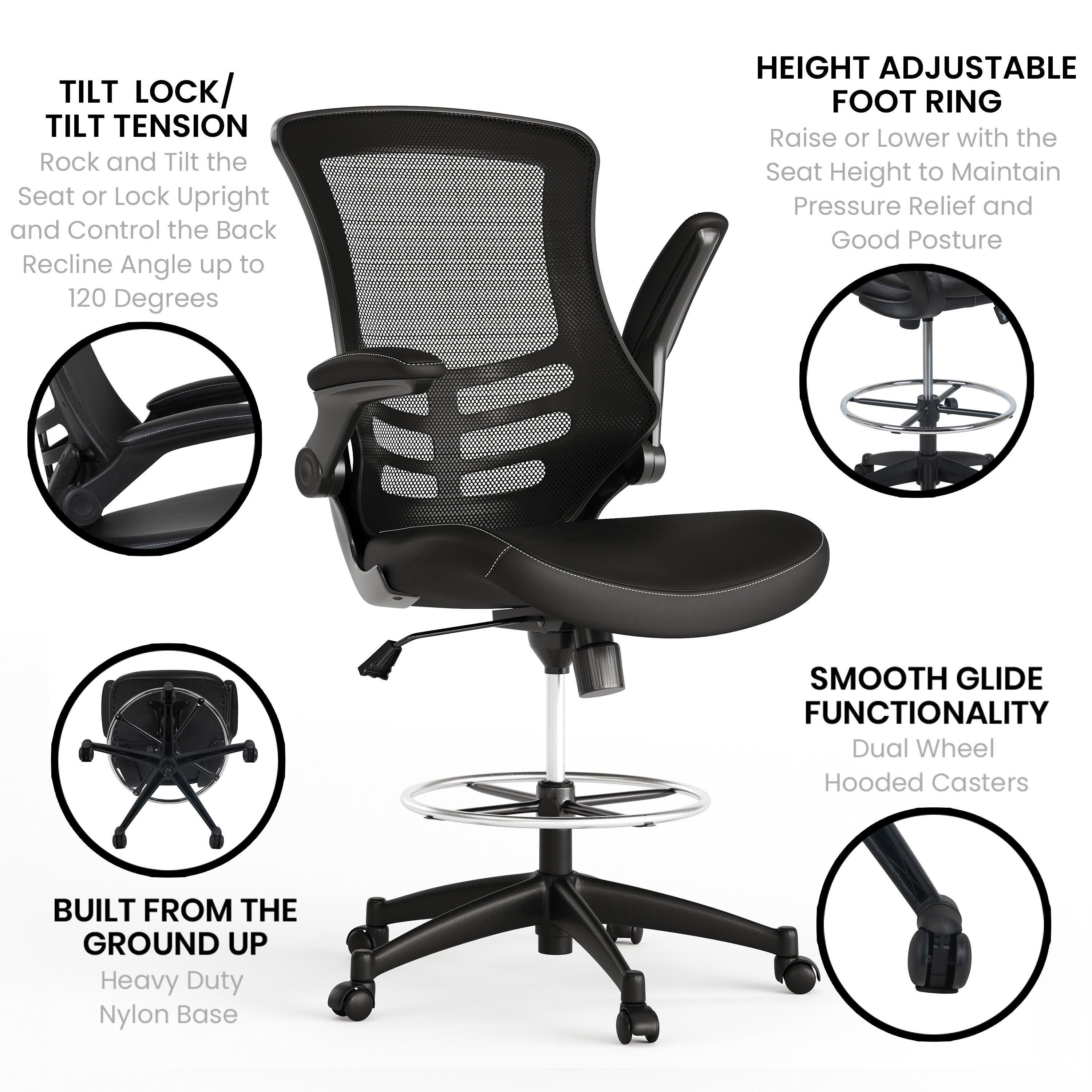 Kelista Mid-Back Black Mesh Ergonomic Drafting Chair with LeatherSoft Seat, Adjustable Foot Ring and Flip-Up Arms