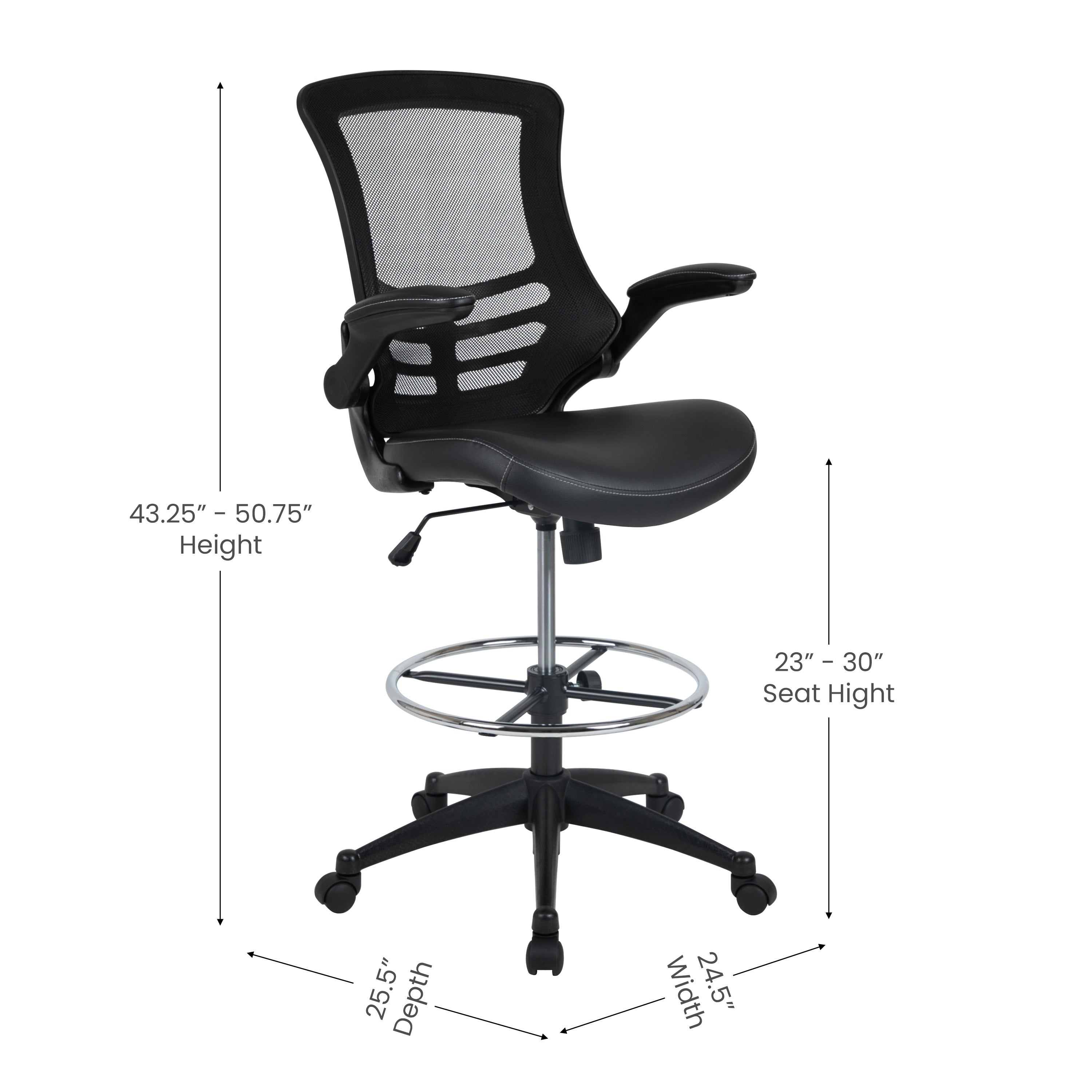 Kelista Mid-Back Black Mesh Ergonomic Drafting Chair with LeatherSoft Seat, Adjustable Foot Ring and Flip-Up Arms