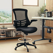 Kelista Mid-Back Black Mesh Ergonomic Drafting Chair with LeatherSoft Seat, Adjustable Foot Ring and Flip-Up Arms