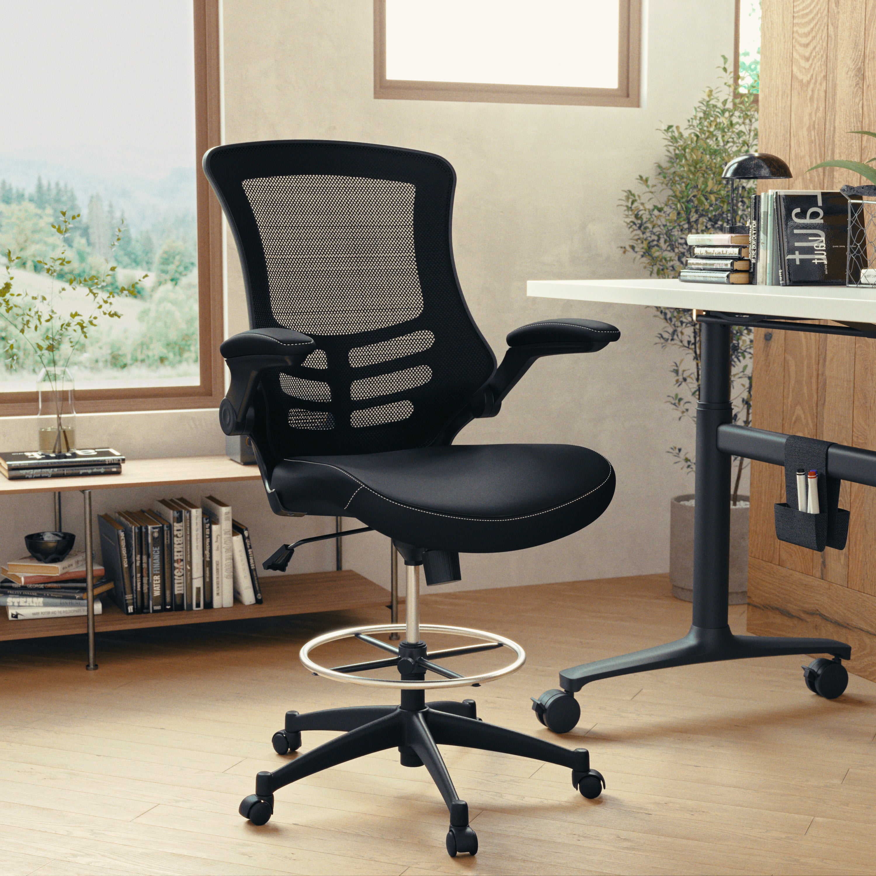 Kelista Mid-Back Black Mesh Ergonomic Drafting Chair with LeatherSoft Seat, Adjustable Foot Ring and Flip-Up Arms