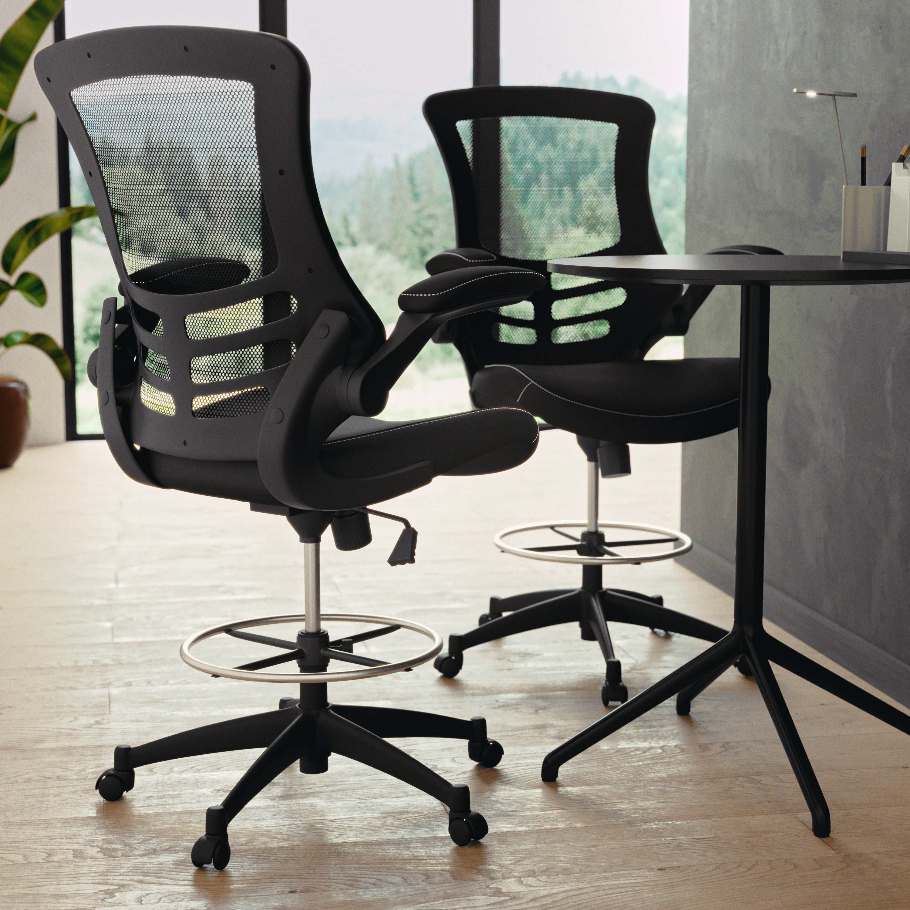 Kelista Mid-Back Black Mesh Ergonomic Drafting Chair with LeatherSoft Seat, Adjustable Foot Ring and Flip-Up Arms