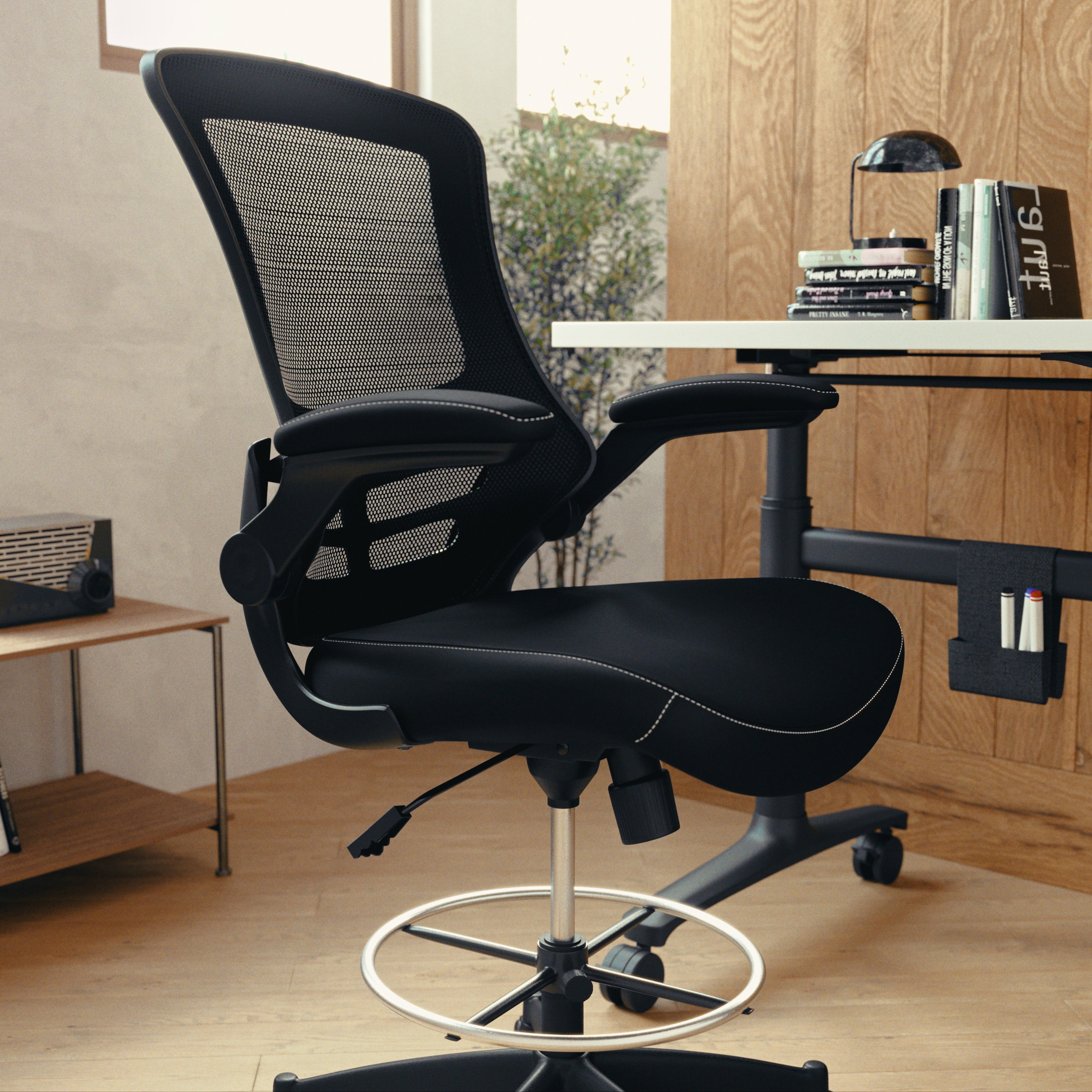 Kelista Mid-Back Black Mesh Ergonomic Drafting Chair with LeatherSoft Seat, Adjustable Foot Ring and Flip-Up Arms