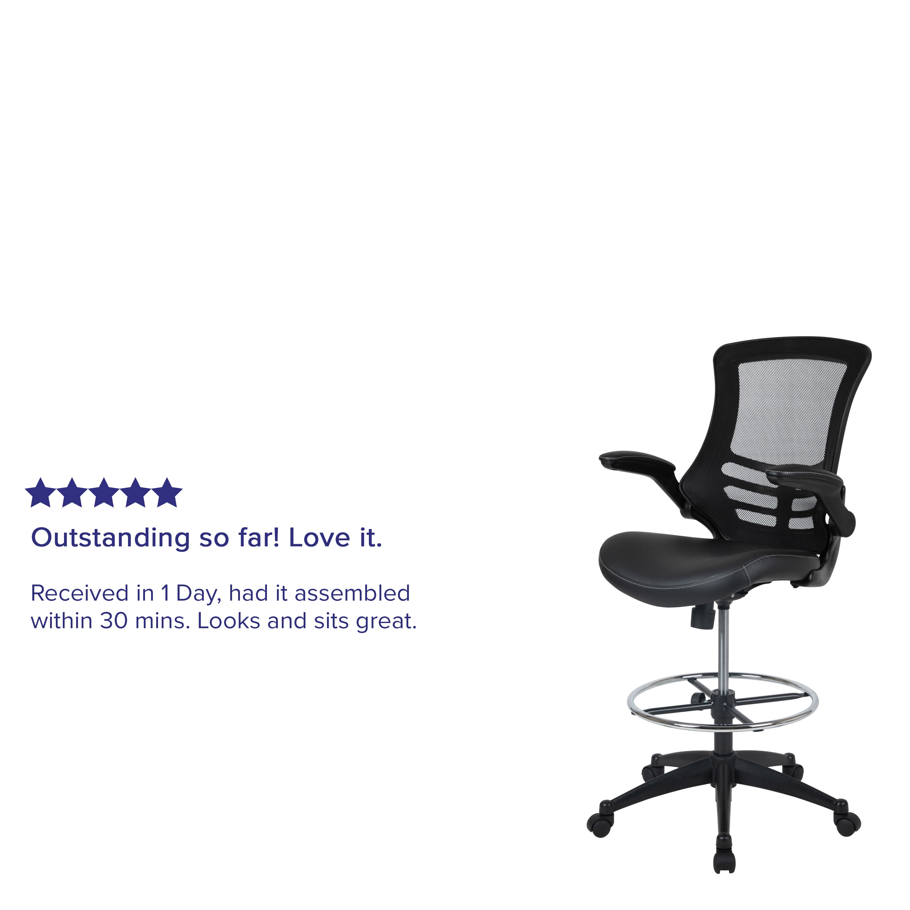 Kelista Mid-Back Black Mesh Ergonomic Drafting Chair with LeatherSoft Seat, Adjustable Foot Ring and Flip-Up Arms