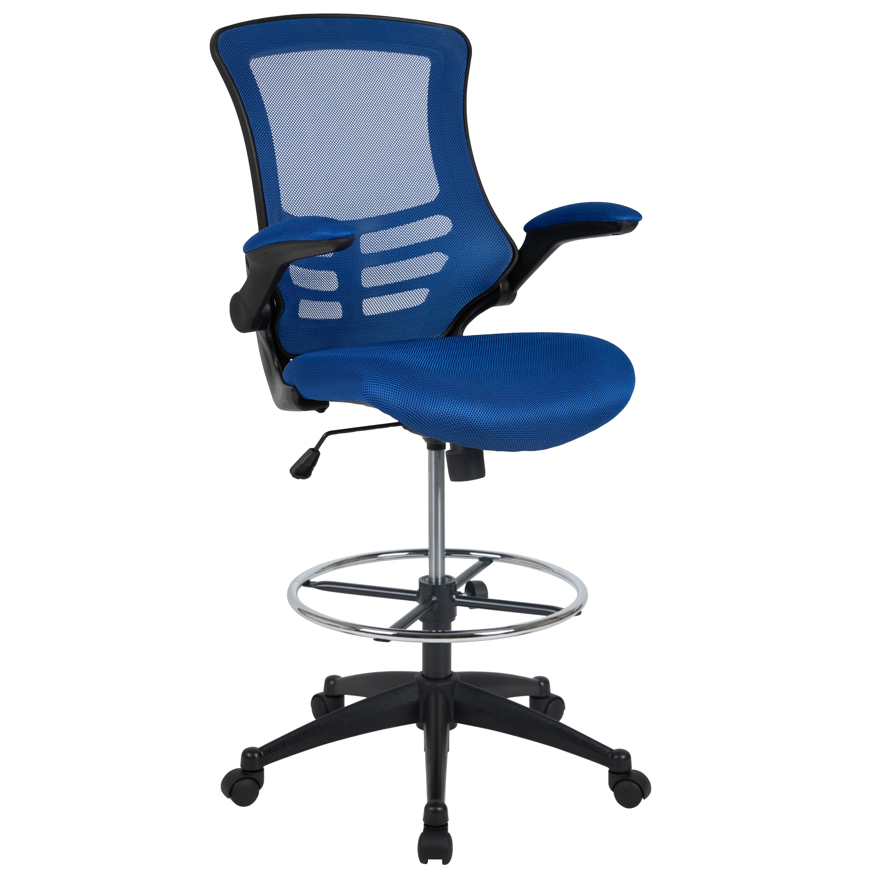 Kelista Mid-Back Blue Mesh Ergonomic Drafting Chair with Adjustable Foot Ring and Flip-Up Arms