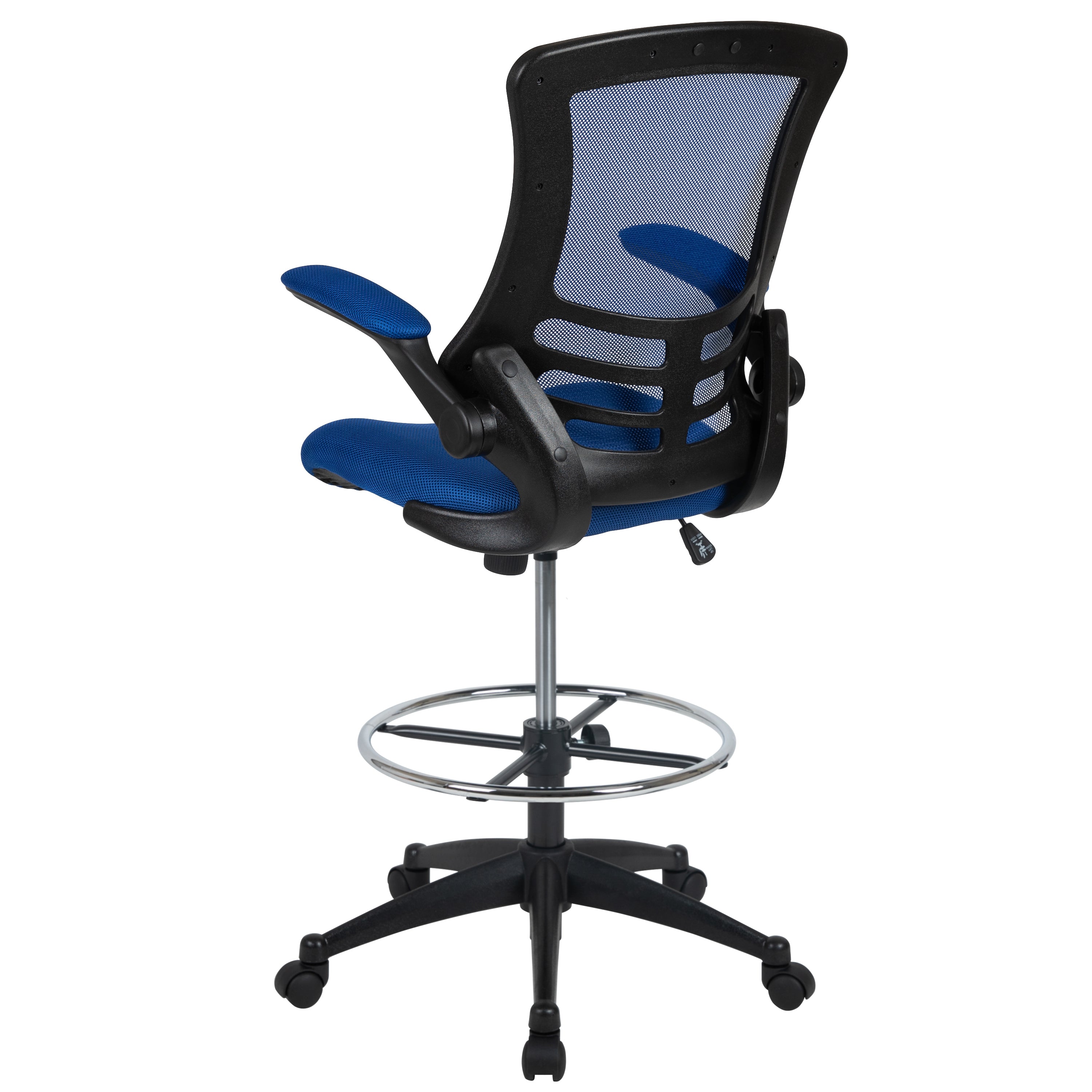 Kelista Mid-Back Blue Mesh Ergonomic Drafting Chair with Adjustable Foot Ring and Flip-Up Arms