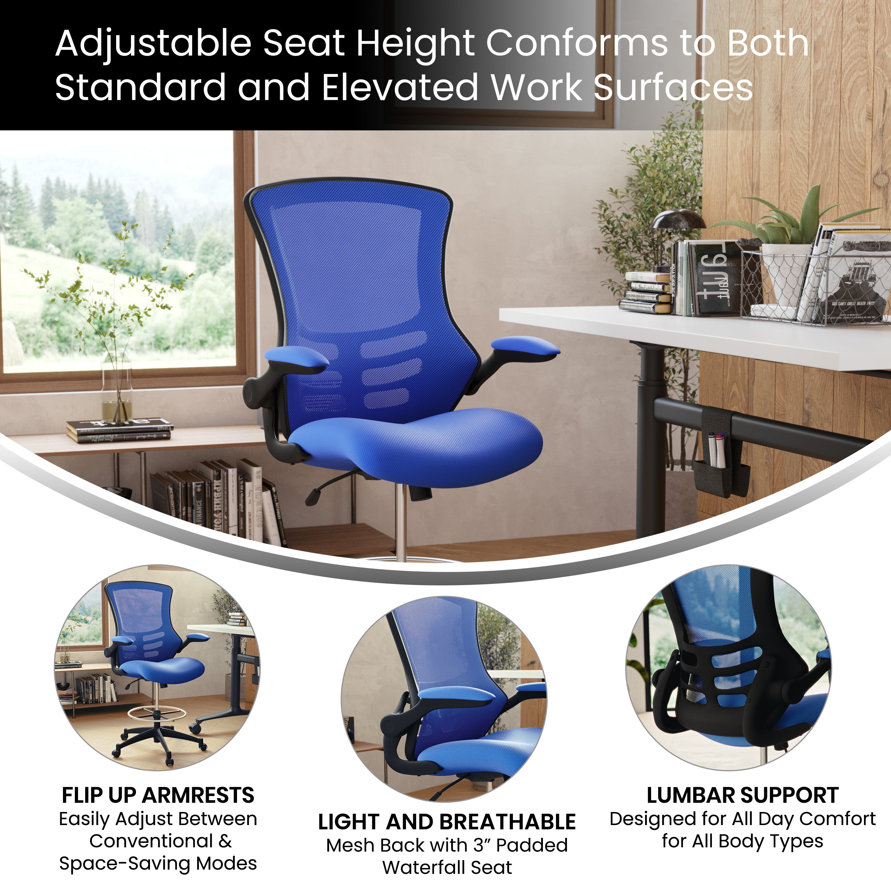 Kelista Mid-Back Blue Mesh Ergonomic Drafting Chair with Adjustable Foot Ring and Flip-Up Arms