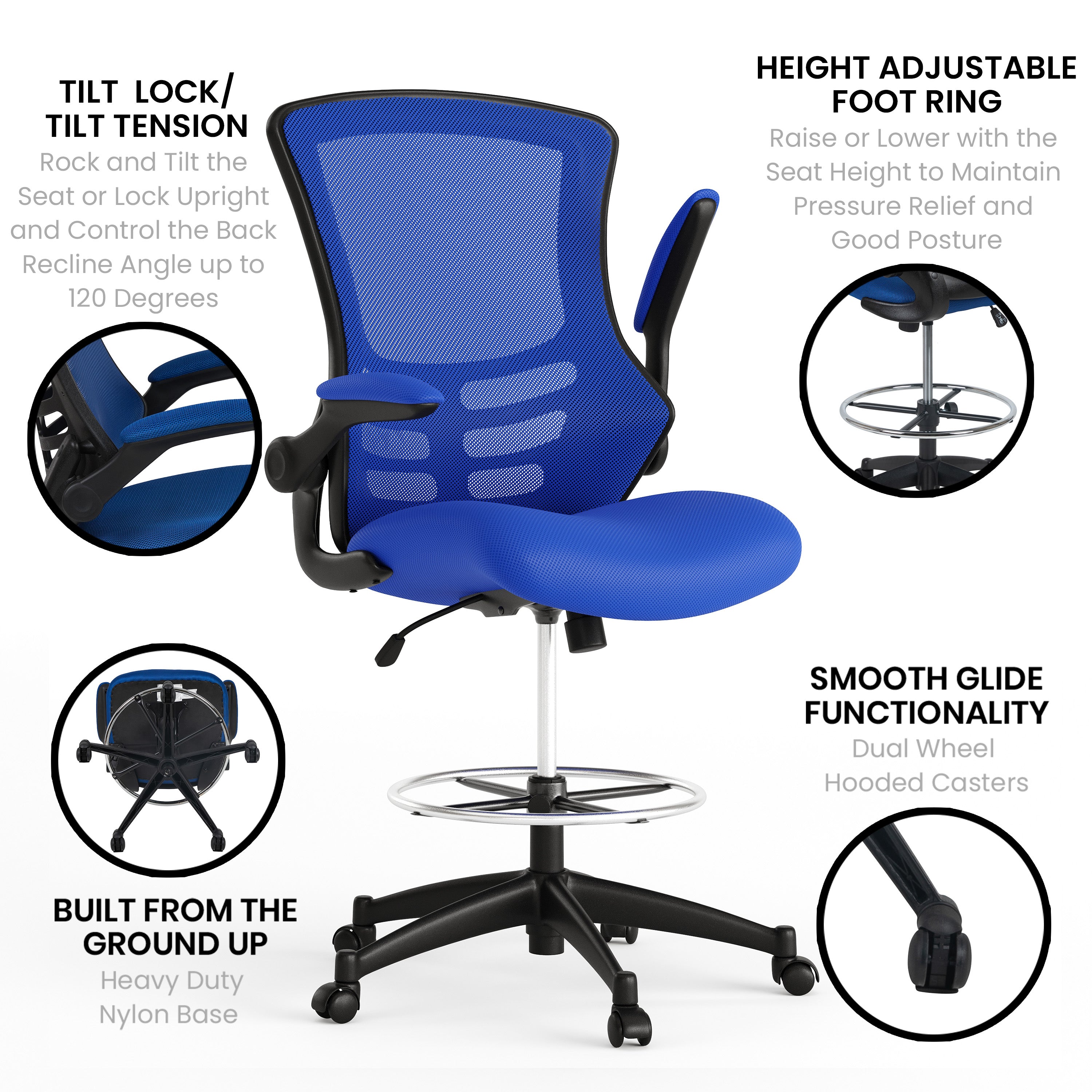 Kelista Mid-Back Blue Mesh Ergonomic Drafting Chair with Adjustable Foot Ring and Flip-Up Arms