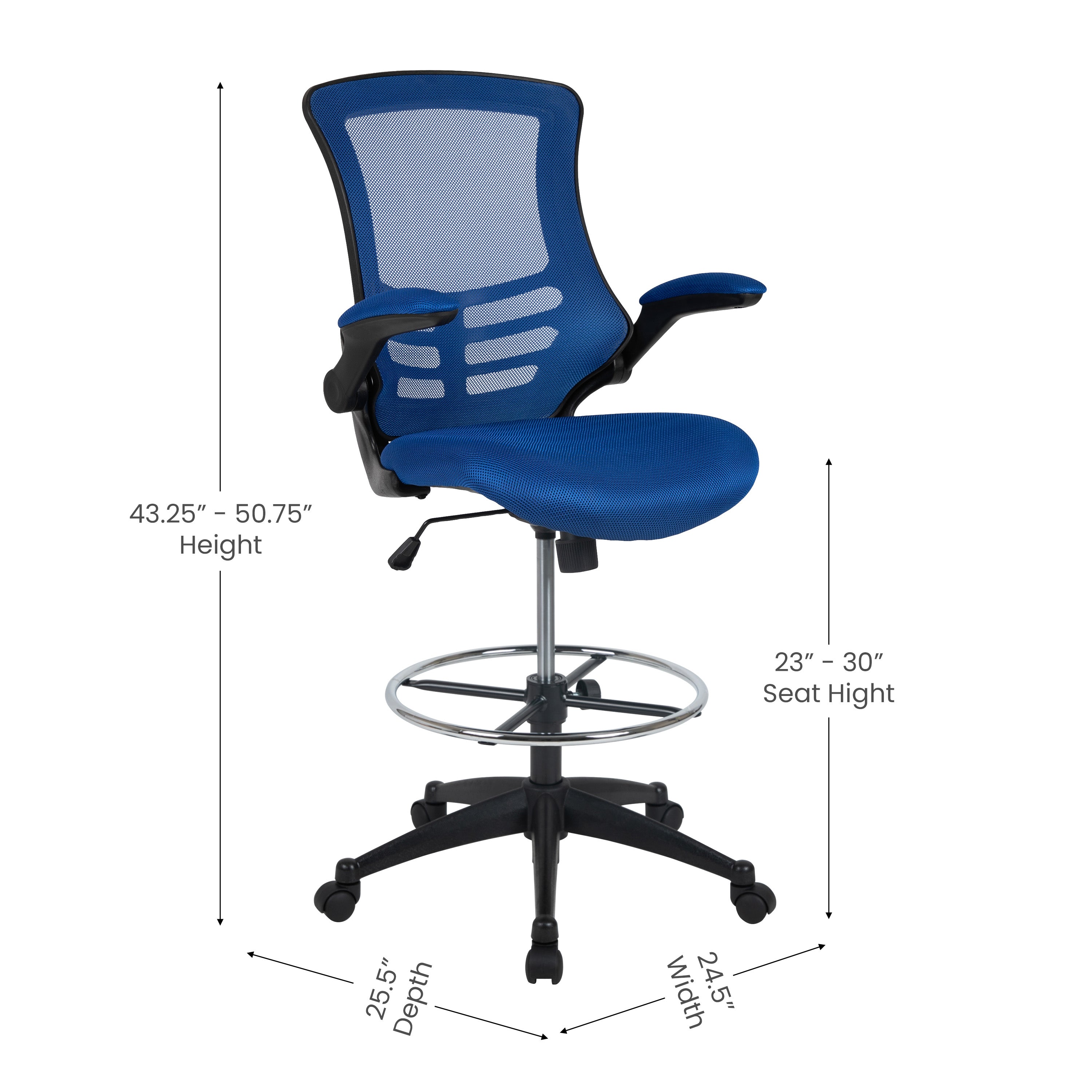 Kelista Mid-Back Blue Mesh Ergonomic Drafting Chair with Adjustable Foot Ring and Flip-Up Arms