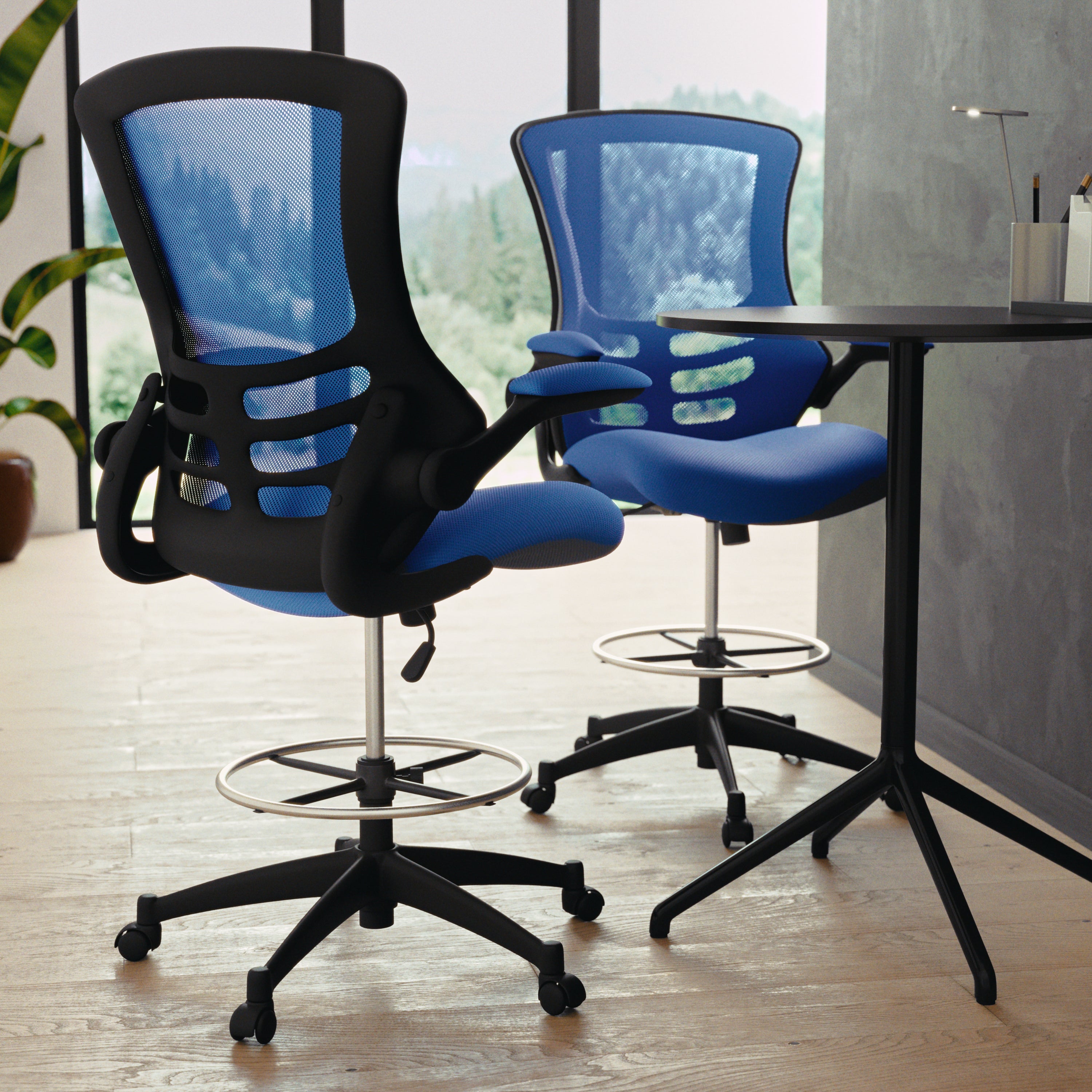 Kelista Mid-Back Blue Mesh Ergonomic Drafting Chair with Adjustable Foot Ring and Flip-Up Arms