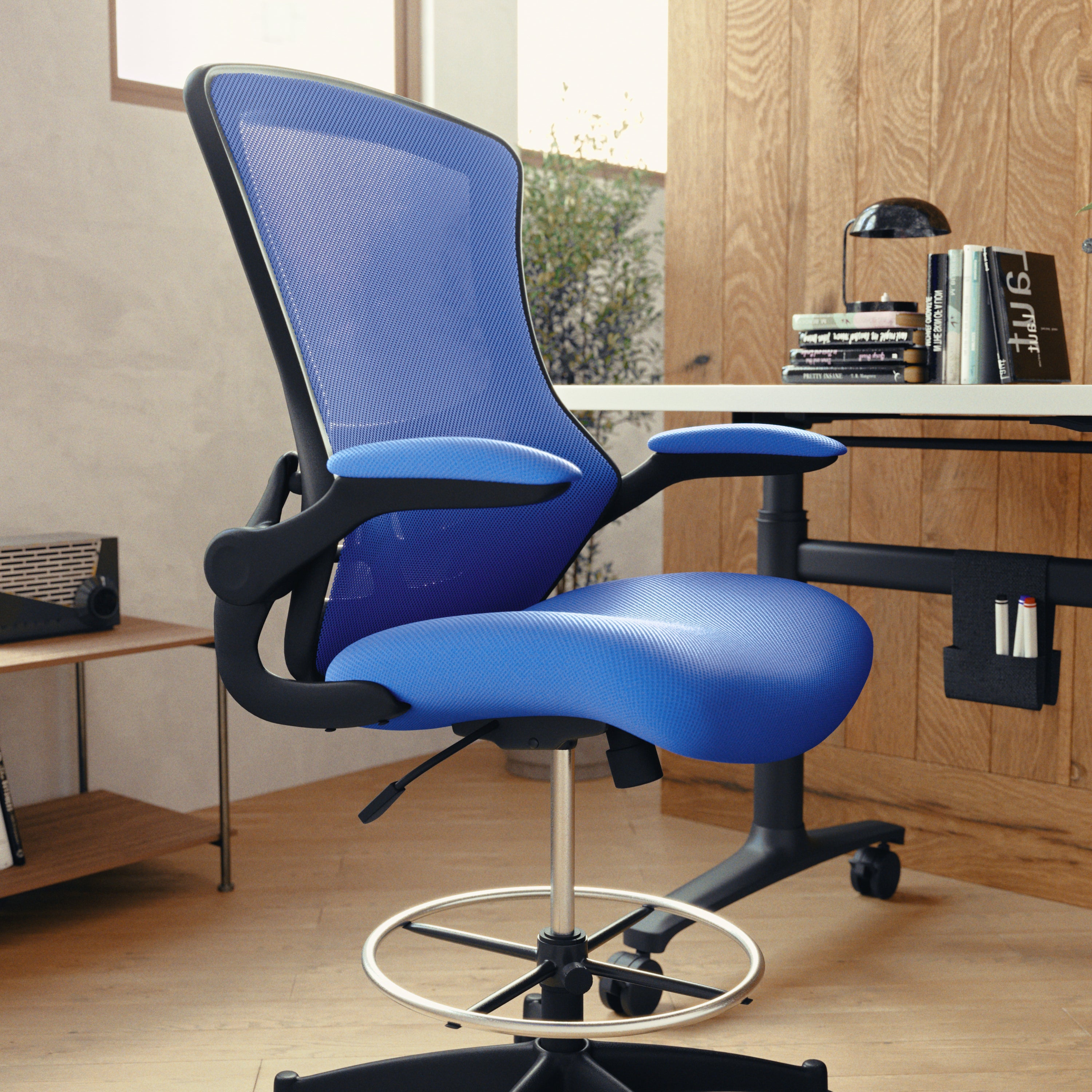 Kelista Mid-Back Blue Mesh Ergonomic Drafting Chair with Adjustable Foot Ring and Flip-Up Arms