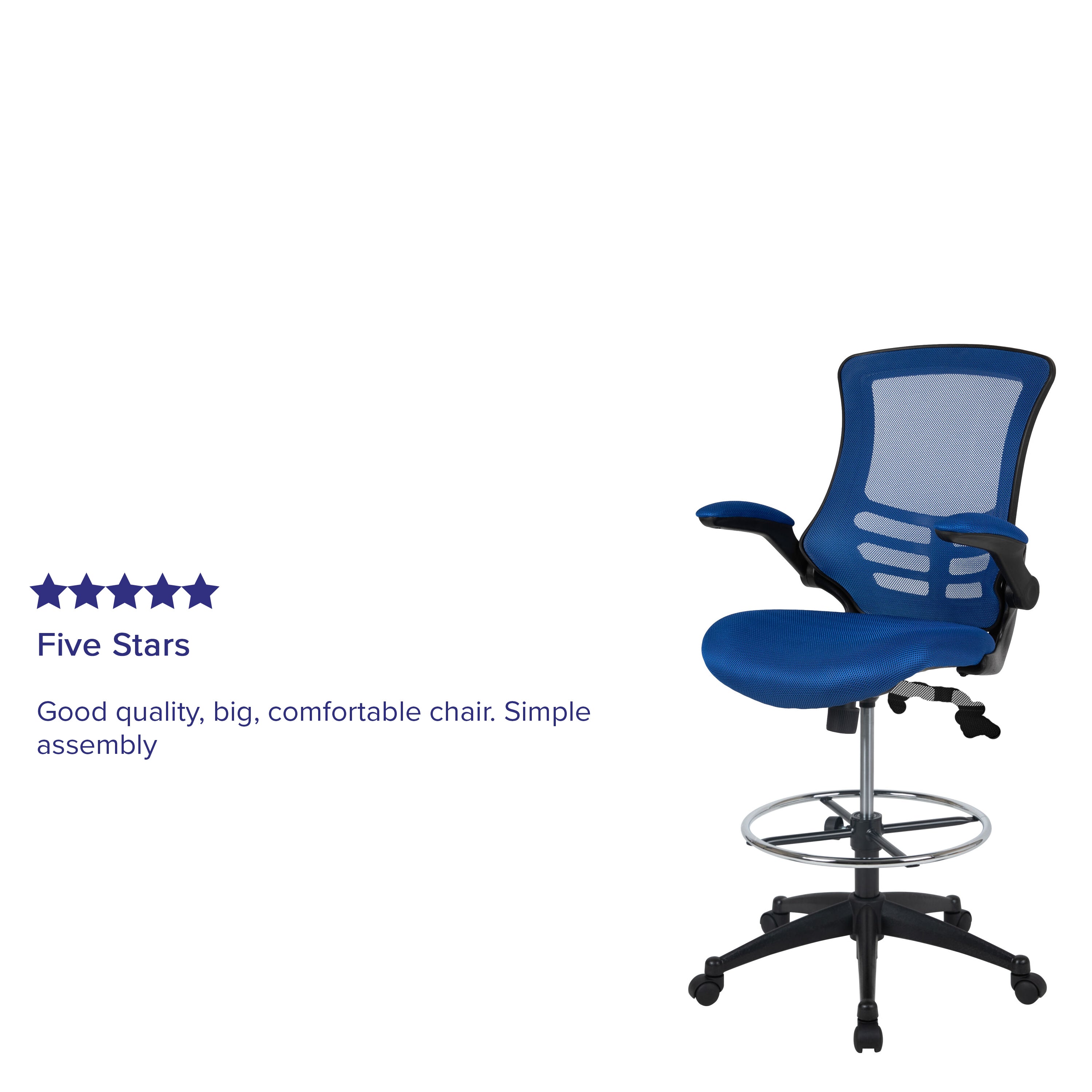 Kelista Mid-Back Blue Mesh Ergonomic Drafting Chair with Adjustable Foot Ring and Flip-Up Arms