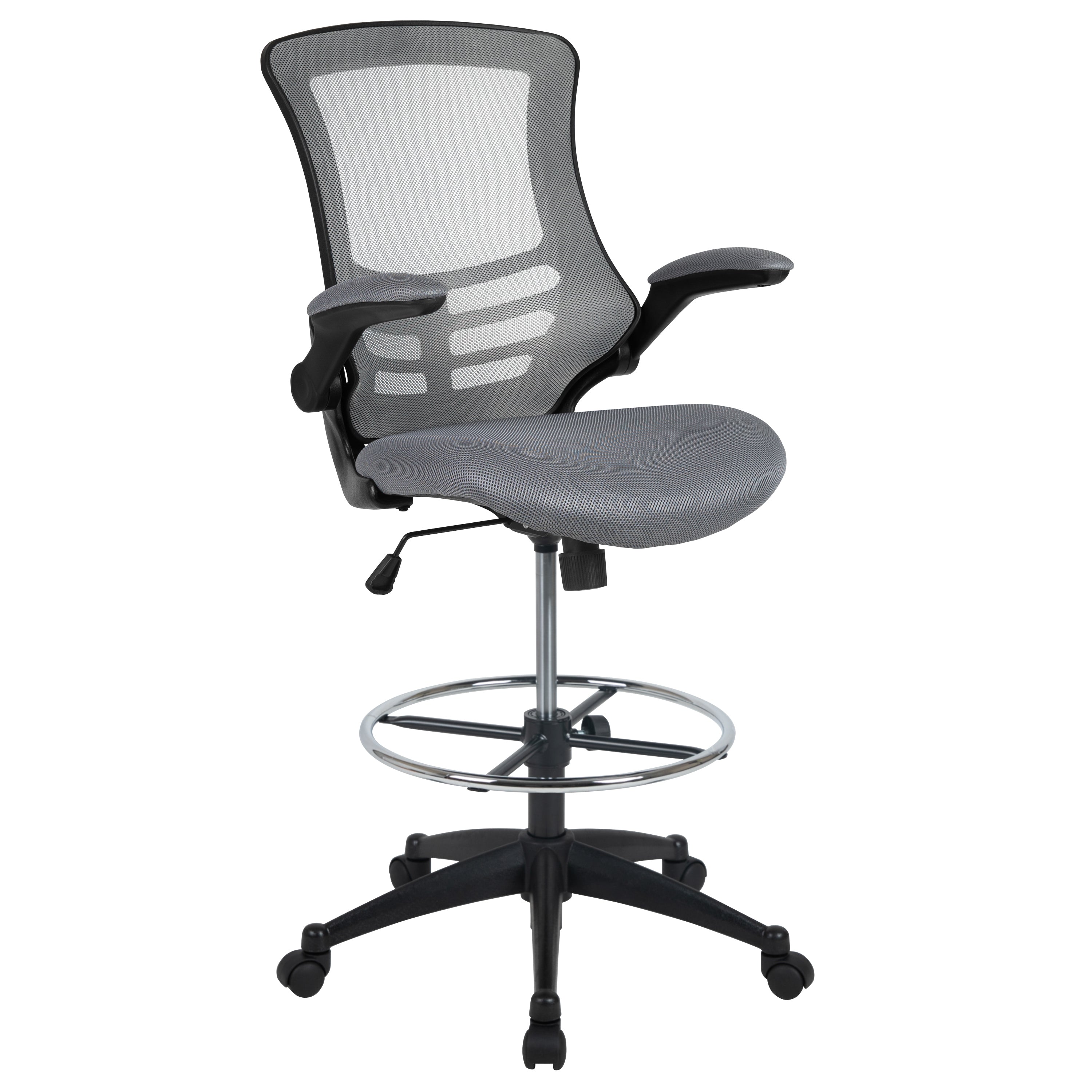 Kelista Mid-Back Dark Gray Mesh Ergonomic Drafting Chair with Adjustable Foot Ring and Flip-Up Arms